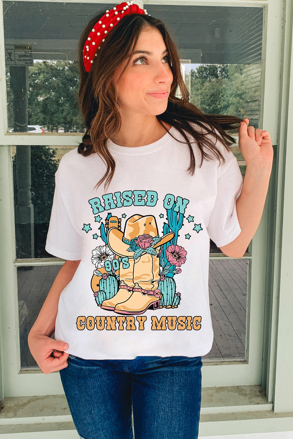 White RAISED ON COUNTRY MUSIC Western Graphic Tee - loveforevers