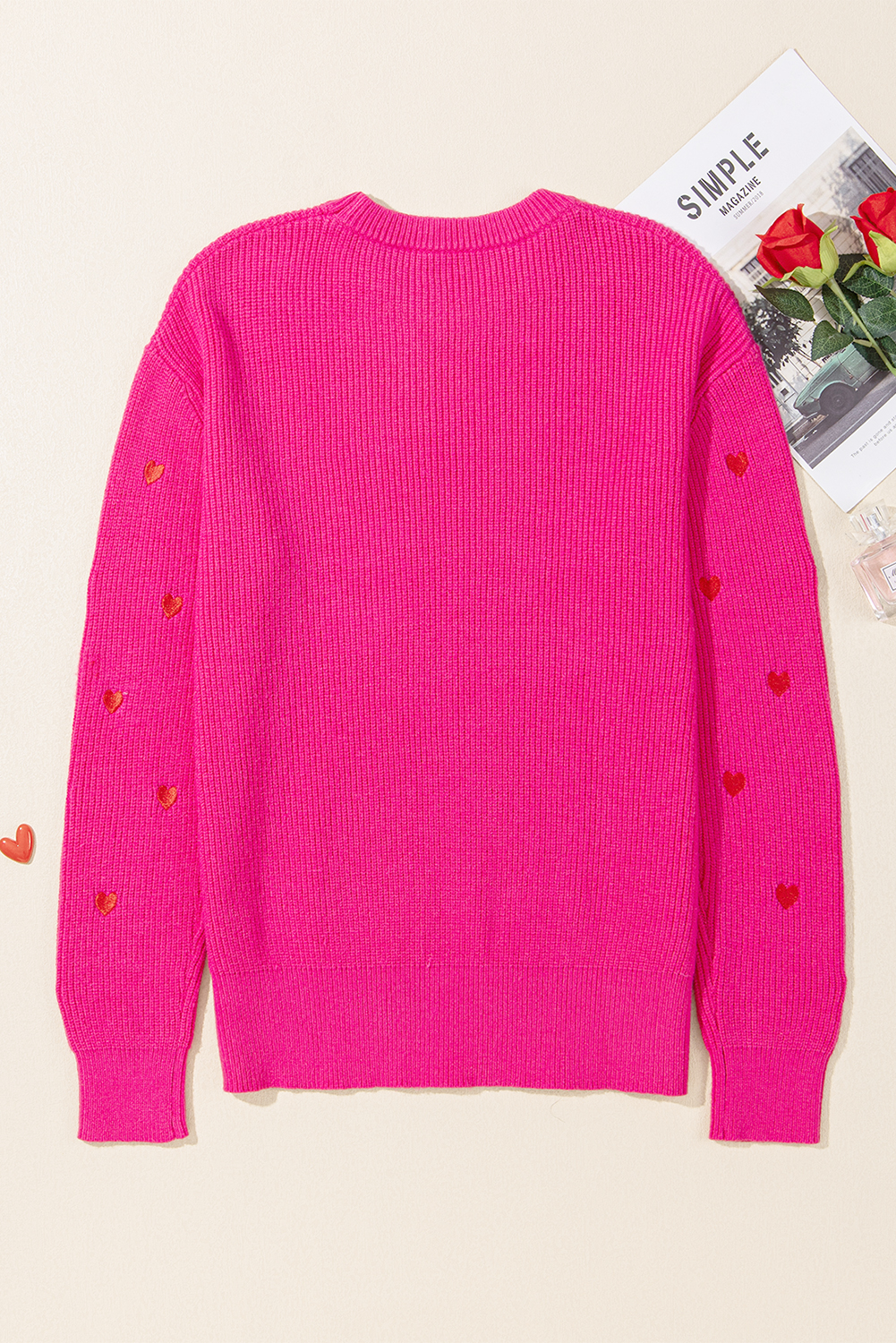 Rose Red Heart Shape Drop Shoulder Round Neck Sweater - loveforevers