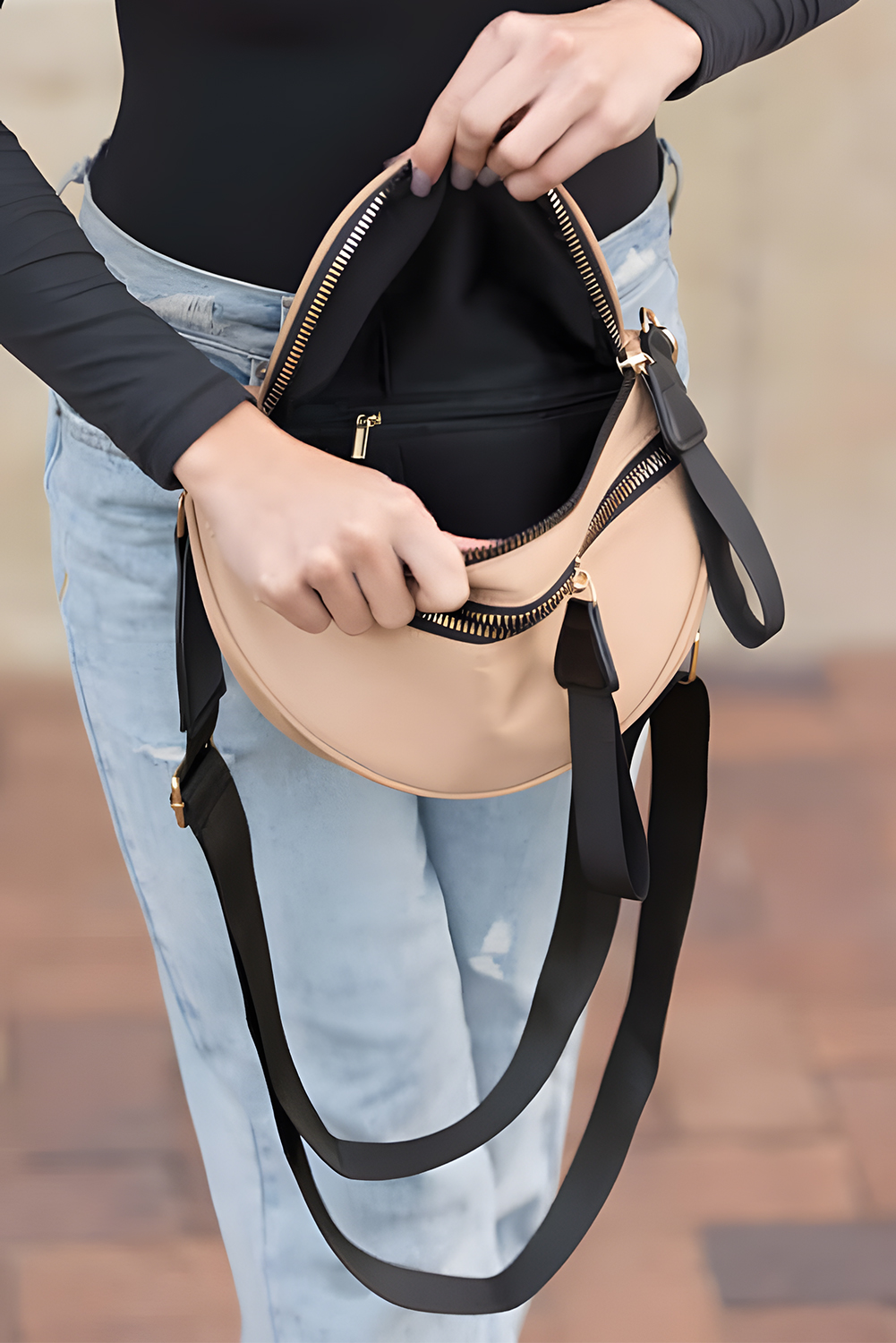 Jungle Green Double Zip Crescent Shape Adjustable Sling Bag - loveforevers