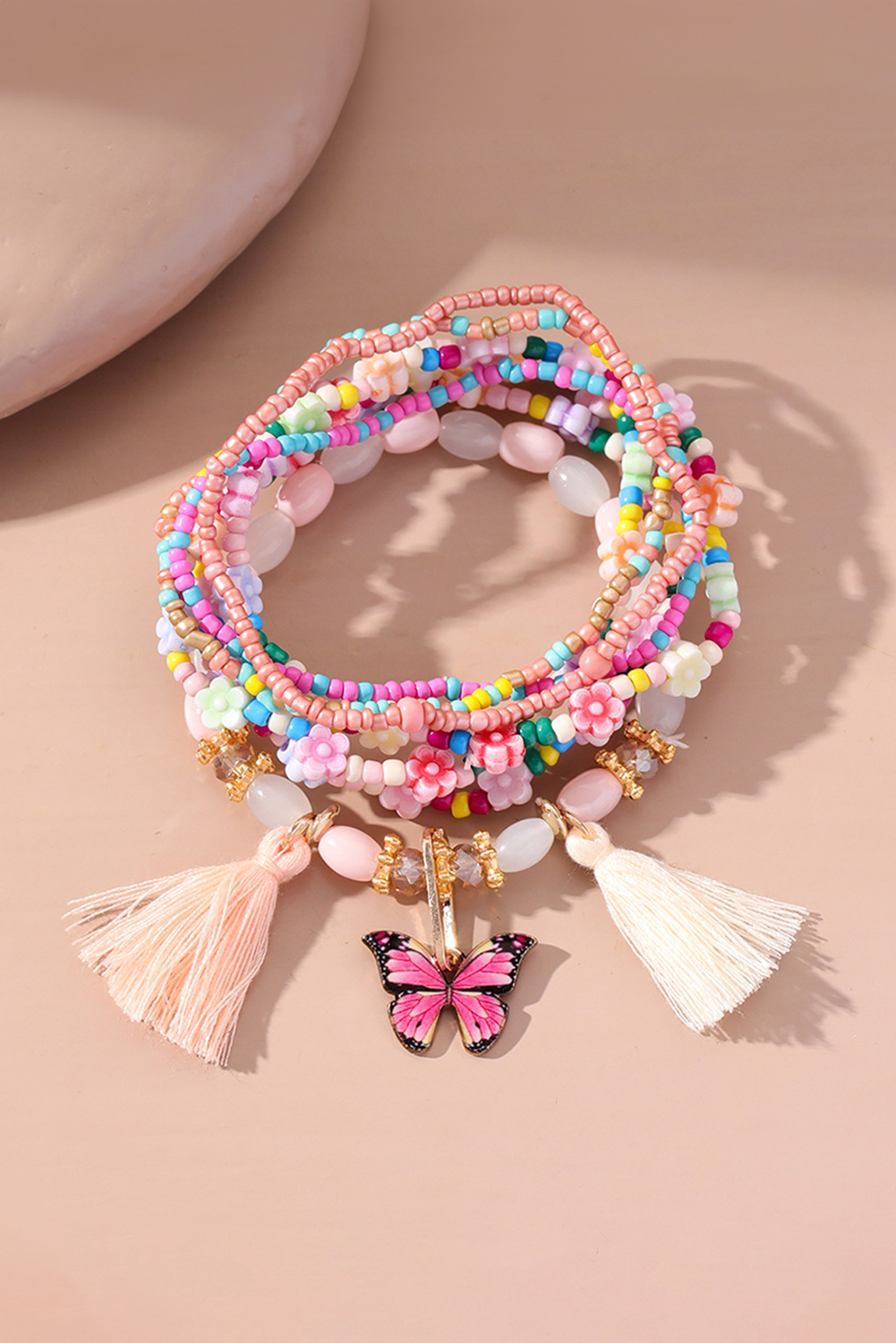 Peach Blossom 7pcs Handmade Beaded Bohemian Style Butterfly Tassel Bracelet Set - loveforevers
