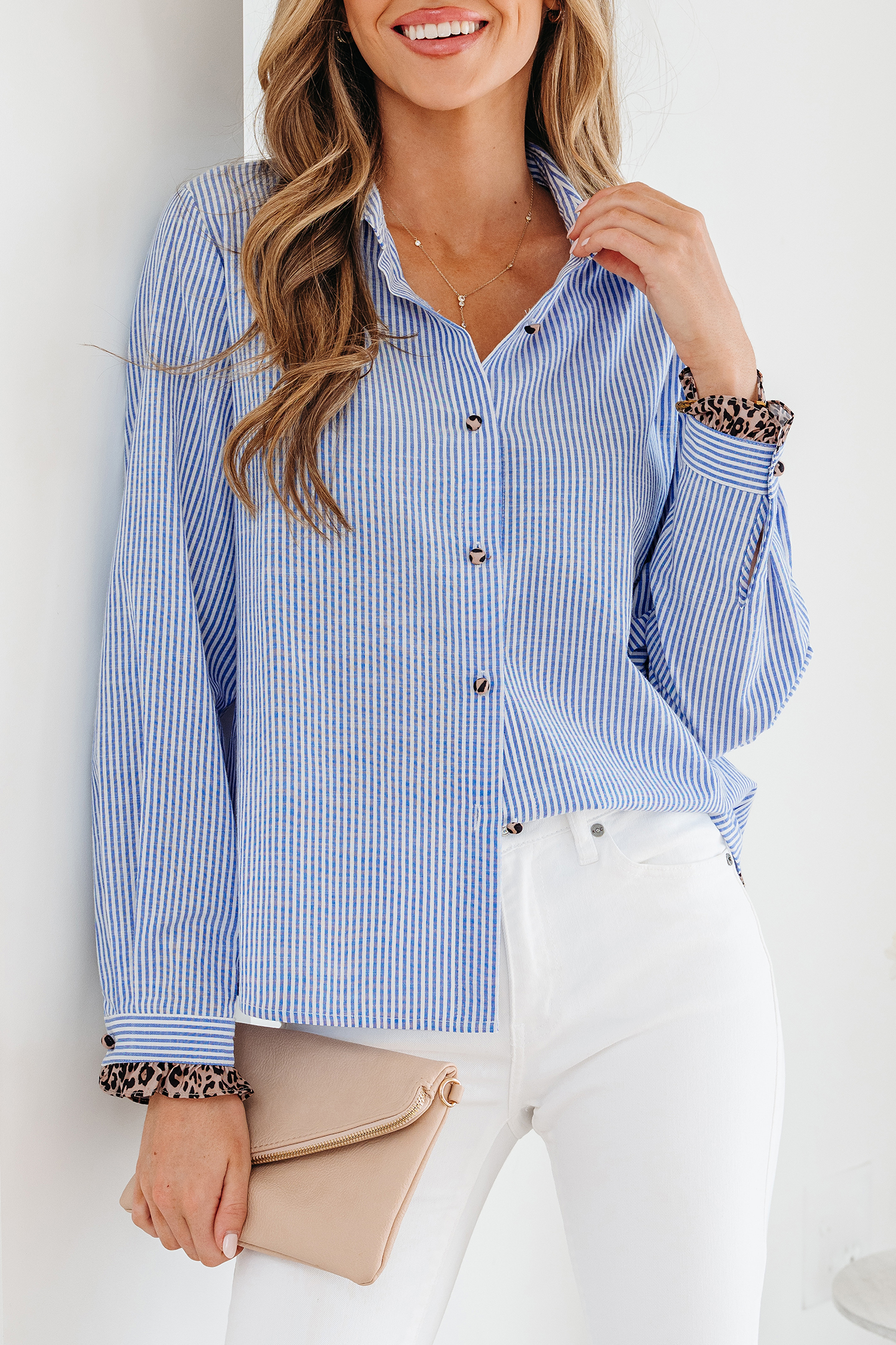 Sky Blue Stripe Contrast Frilled Leopard Trim Casual Long Sleeve Shirt - loveforevers