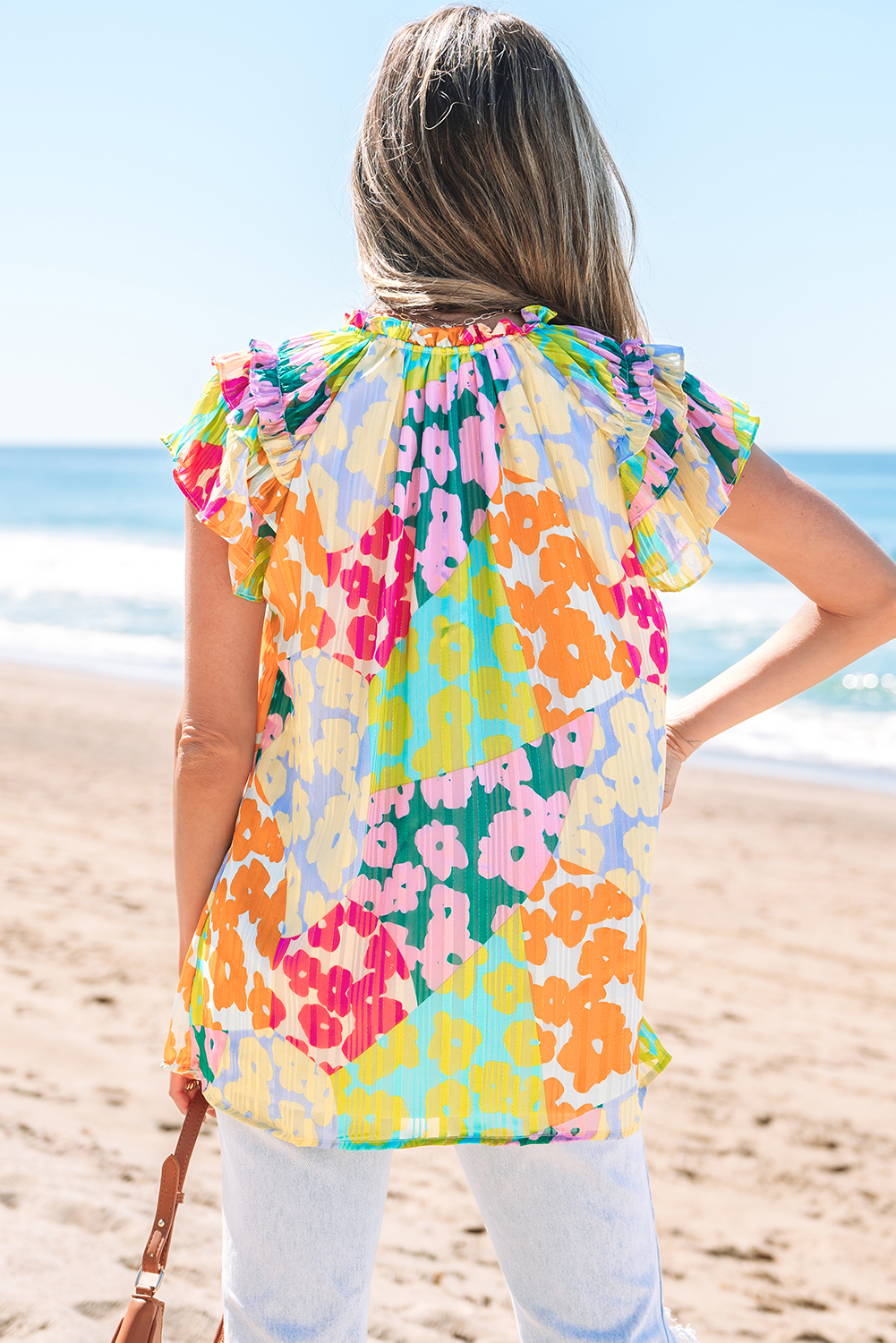Multicolour Leopard Flutter Sleeve V Neck Crinkled Blouse - loveforevers