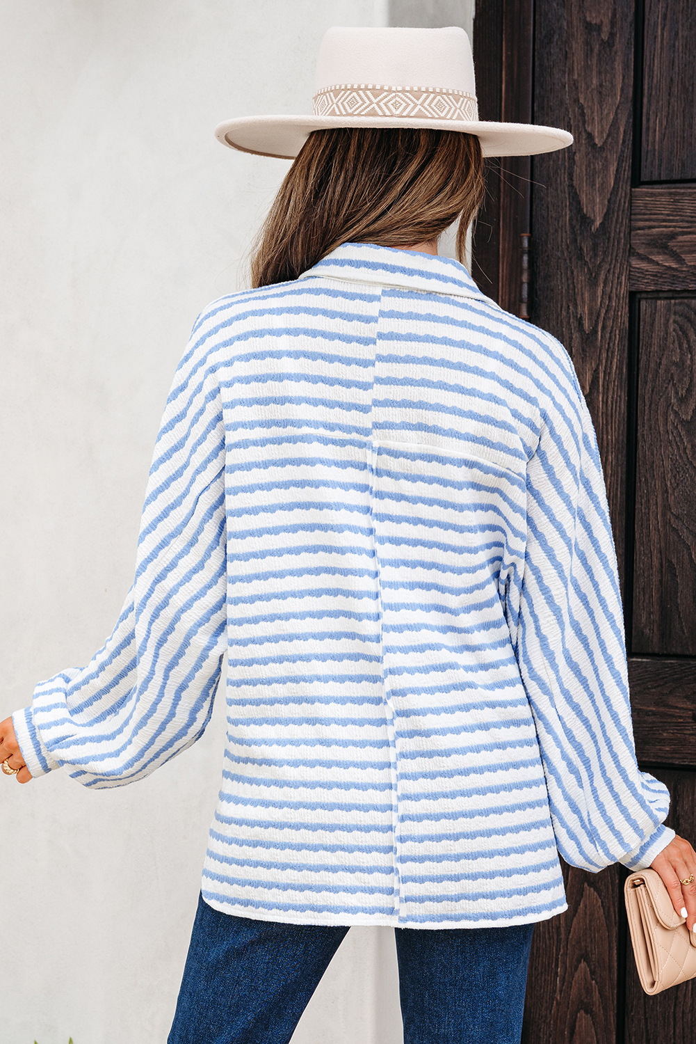 Sky Blue Stripe Half Button Collared Chest Pockets Loose Fit Blouse - loveforevers