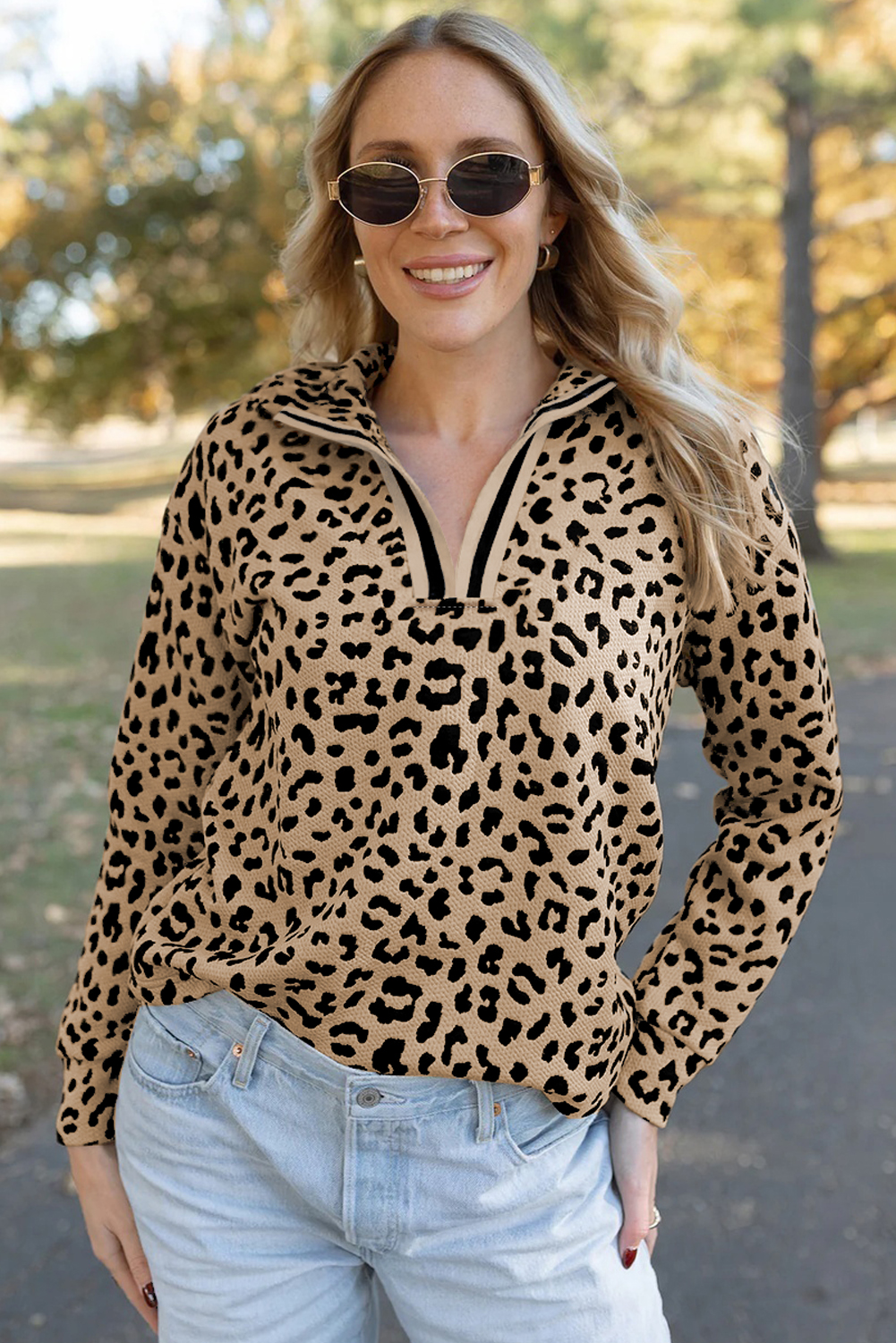 Parchment Leopard Polo Collar V Neck Pullover Top - loveforevers