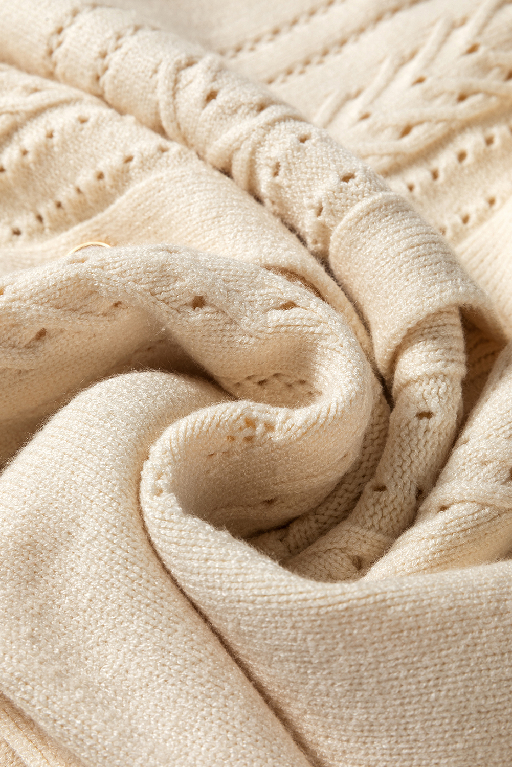 Apricot Pleated Sleeve Hollow Detail Button Sweater Cardigan - loveforevers