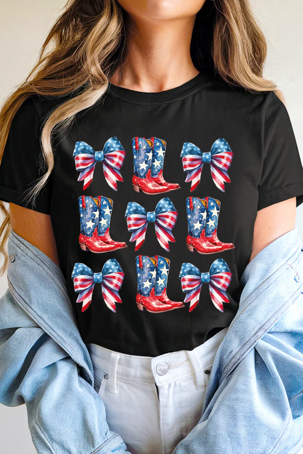 Black Stars and Stripes Bowknot Cowgirl Boots Graphic Patriotic Tee - loveforevers