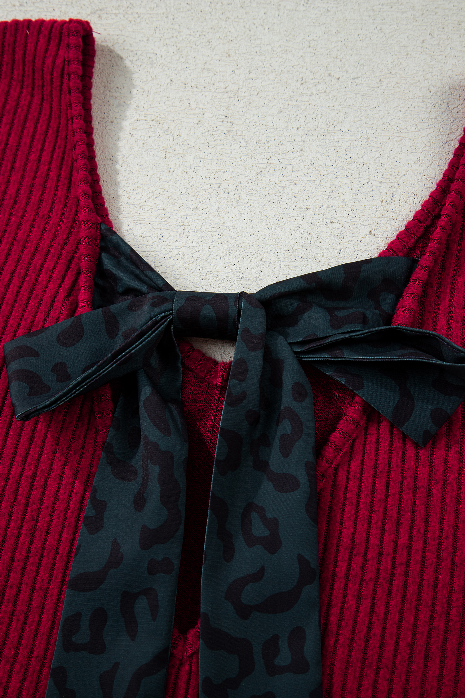 Racing Red Ribbed V Neck Contrast Ribbon Bow Back Drop Shoulder Long Sleeve Top - loveforevers
