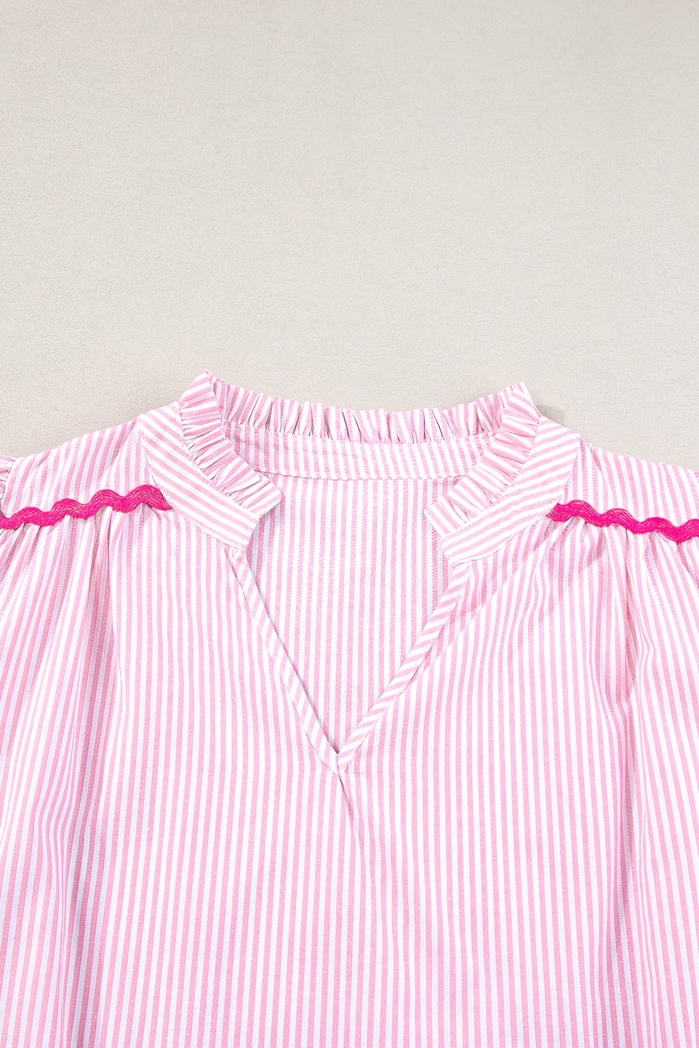 Sky Blue Stripe Ricrac Trim Split Neck Striped Ruffled Sleeve Blouse - loveforevers