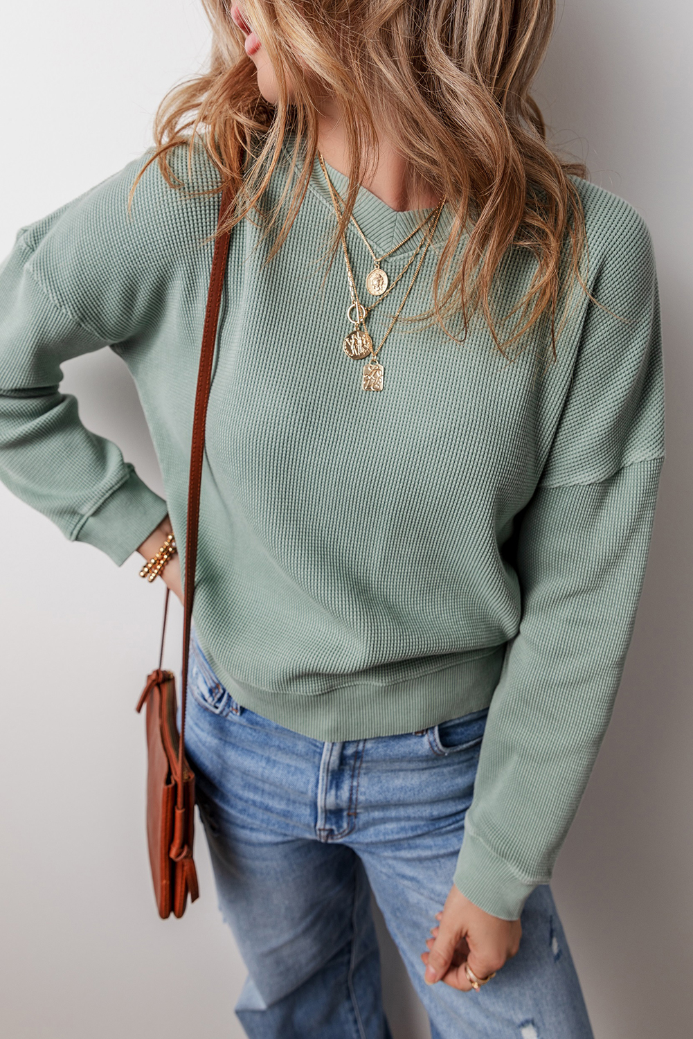 Clearly Aqua Waffle Knit Drop Shoulder V Neck Top - loveforevers