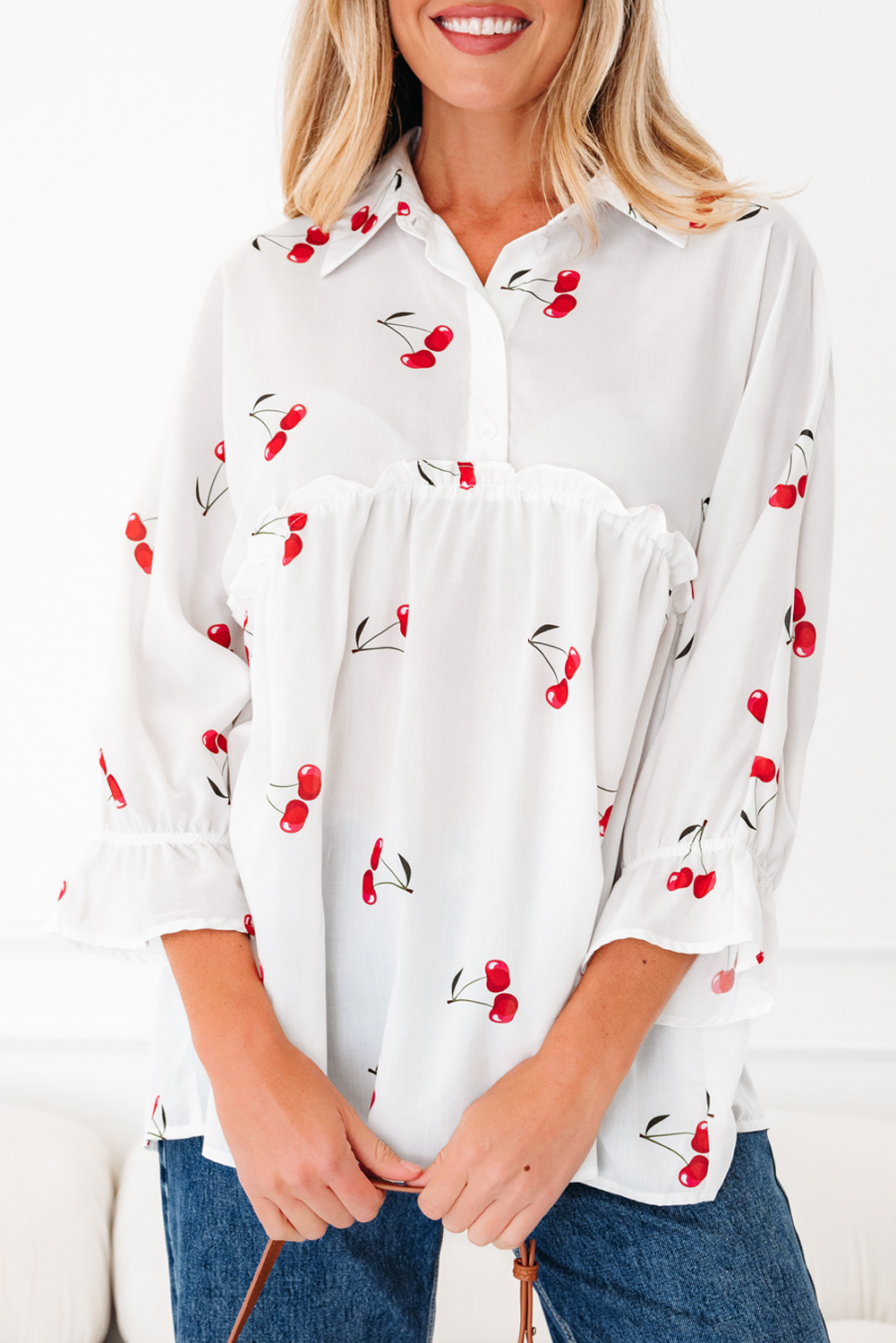 White Cherry Print Flounce Sleeve Collared Frilled Babydoll Blouse - loveforevers