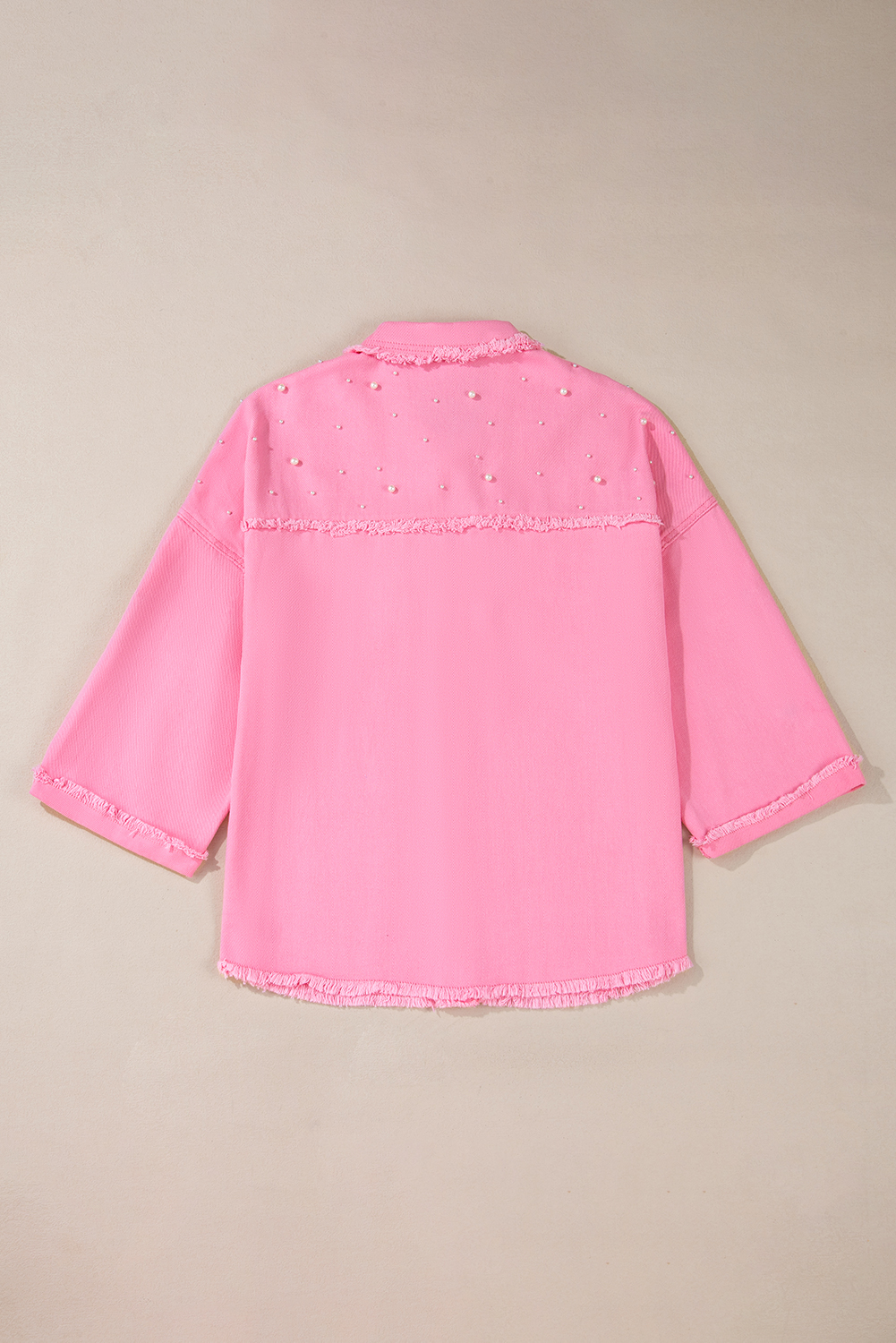 Bonbon Pearl Beaded Raw Hem Button Up Denim Jacket - loveforevers