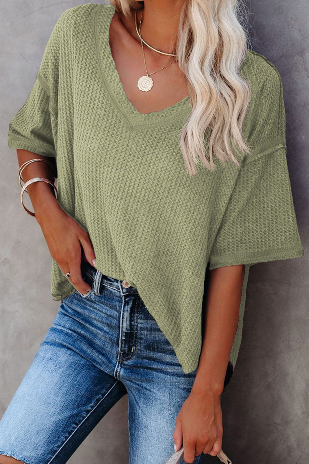 White Exposed Seam Half Sleeve Knitted V Neck Textured Top - loveforevers