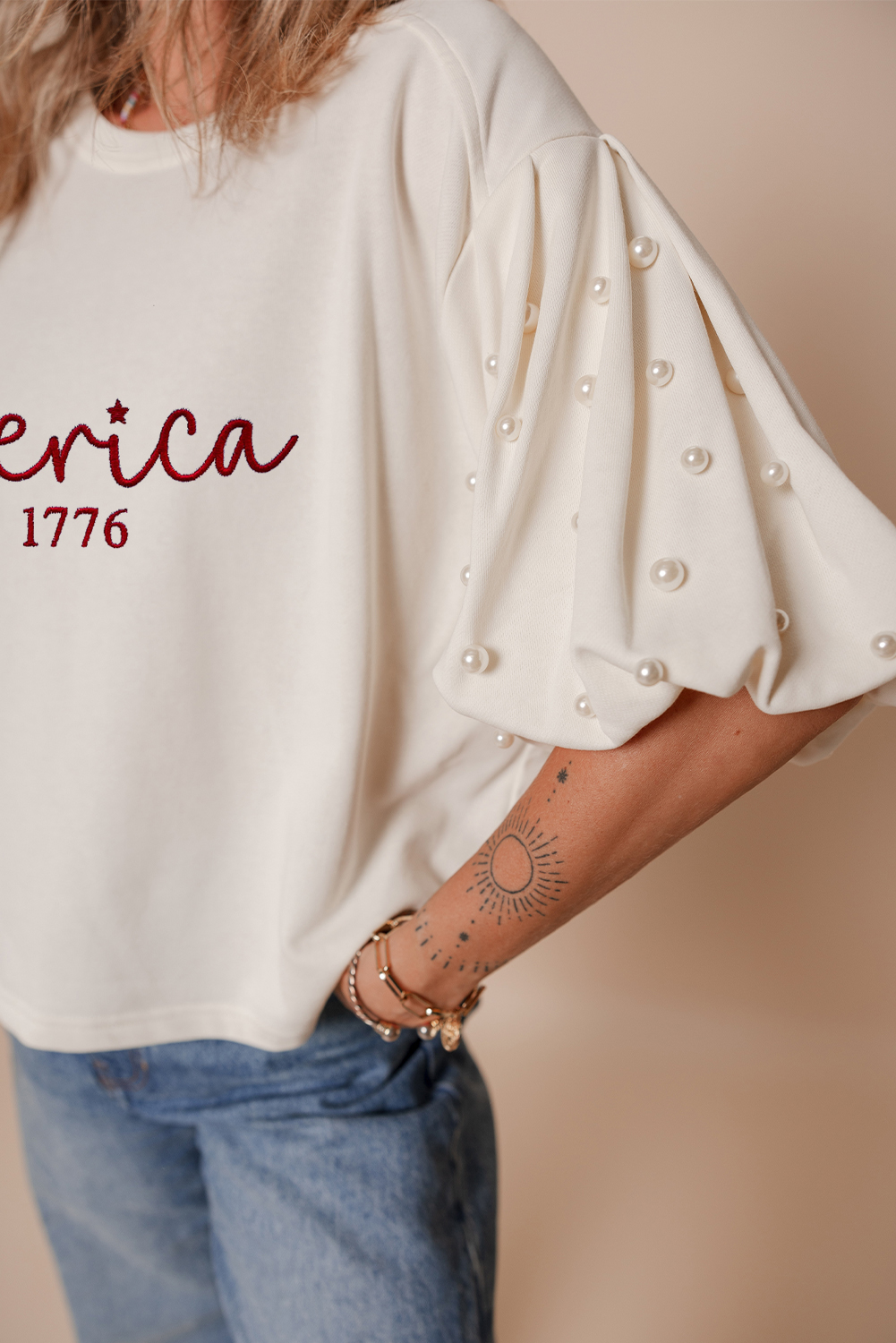 White America EST 1776 Embroidered Pearl Beaded Sleeve T Shirt - loveforevers