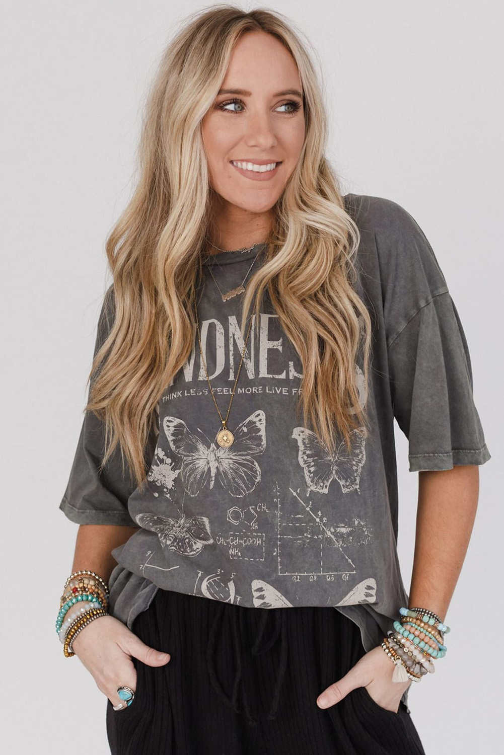 Dark Grey Kindness Butterflies Graphic Mineral Wash Loose Tee - loveforevers