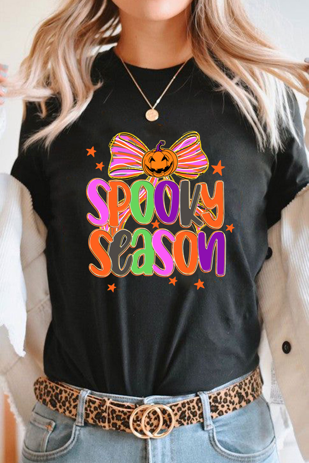 Black SPOOKY SEASON Halloween Pumpkin Bow Print T Shirt - loveforevers