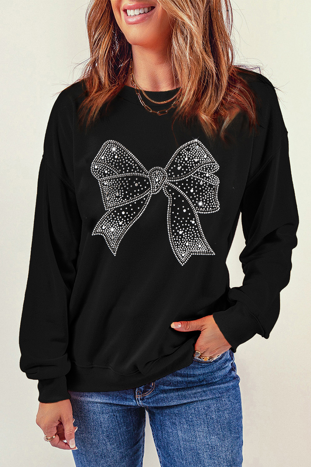 Black Rhinestone Bowknot Graphic Crewneck Pullover Sweatshirt - loveforevers