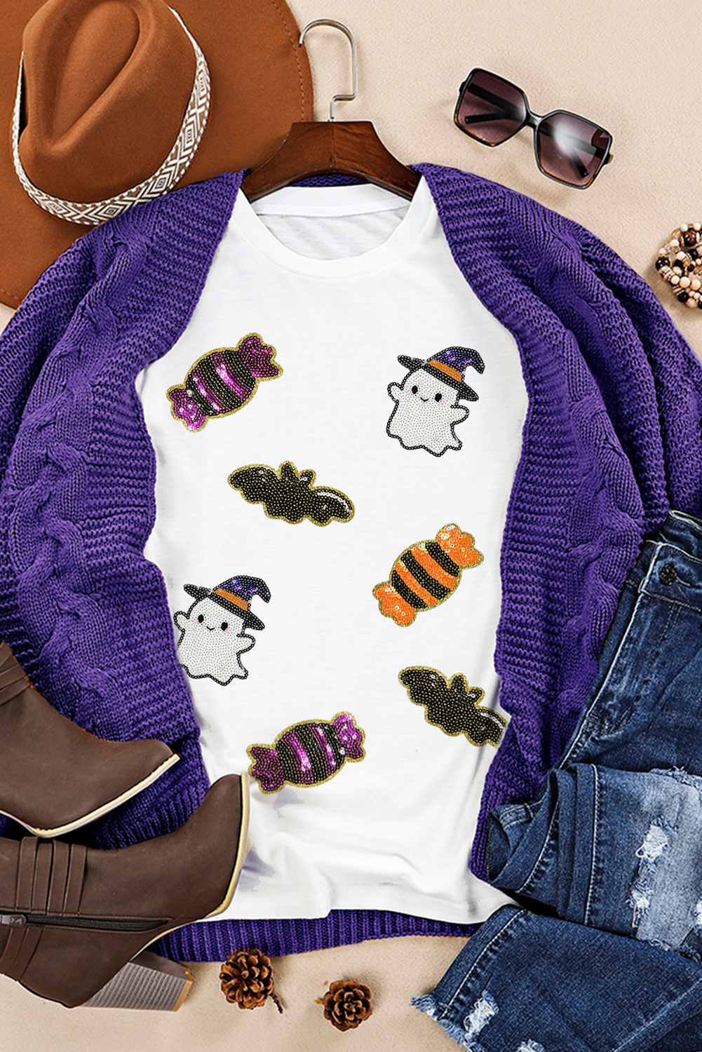 White Sequined Halloween Spirit Pattern Patched Custom Casual Tee - loveforevers