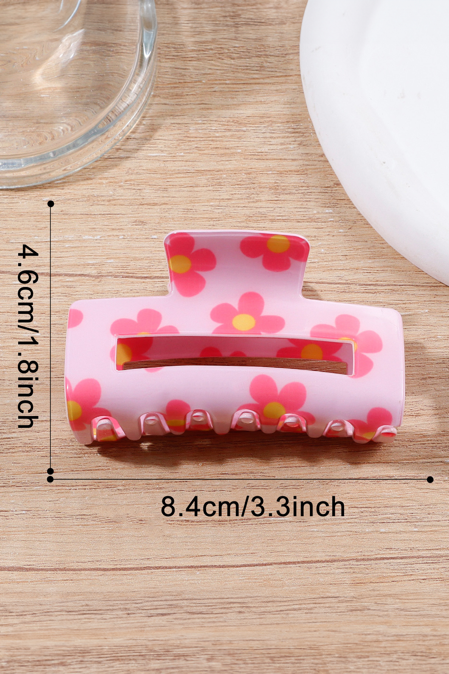 Pink Dainty Flower Printed Rectangular Hollowed Hair Claw Clip - loveforevers