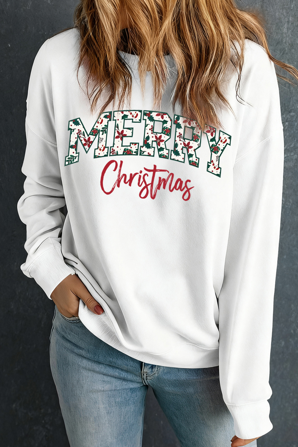 White Merry Christmas Cotton Blend Custom Graphic Sweatshirt - loveforevers