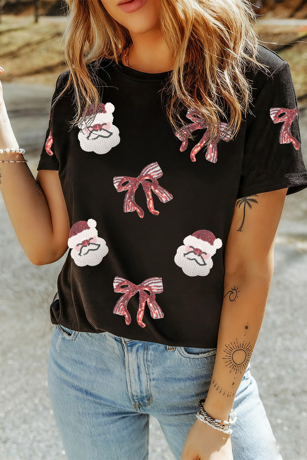 Black Sequined Santa Claus Bow Patched Pattern Christmas Holiday Festive T Shirt - loveforevers
