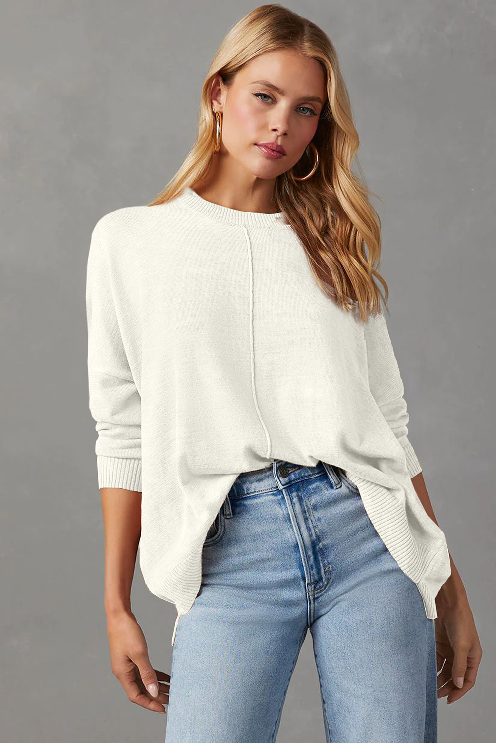 White Front Center Seam Drop Shoulder Pullover Solid Sweater - loveforevers