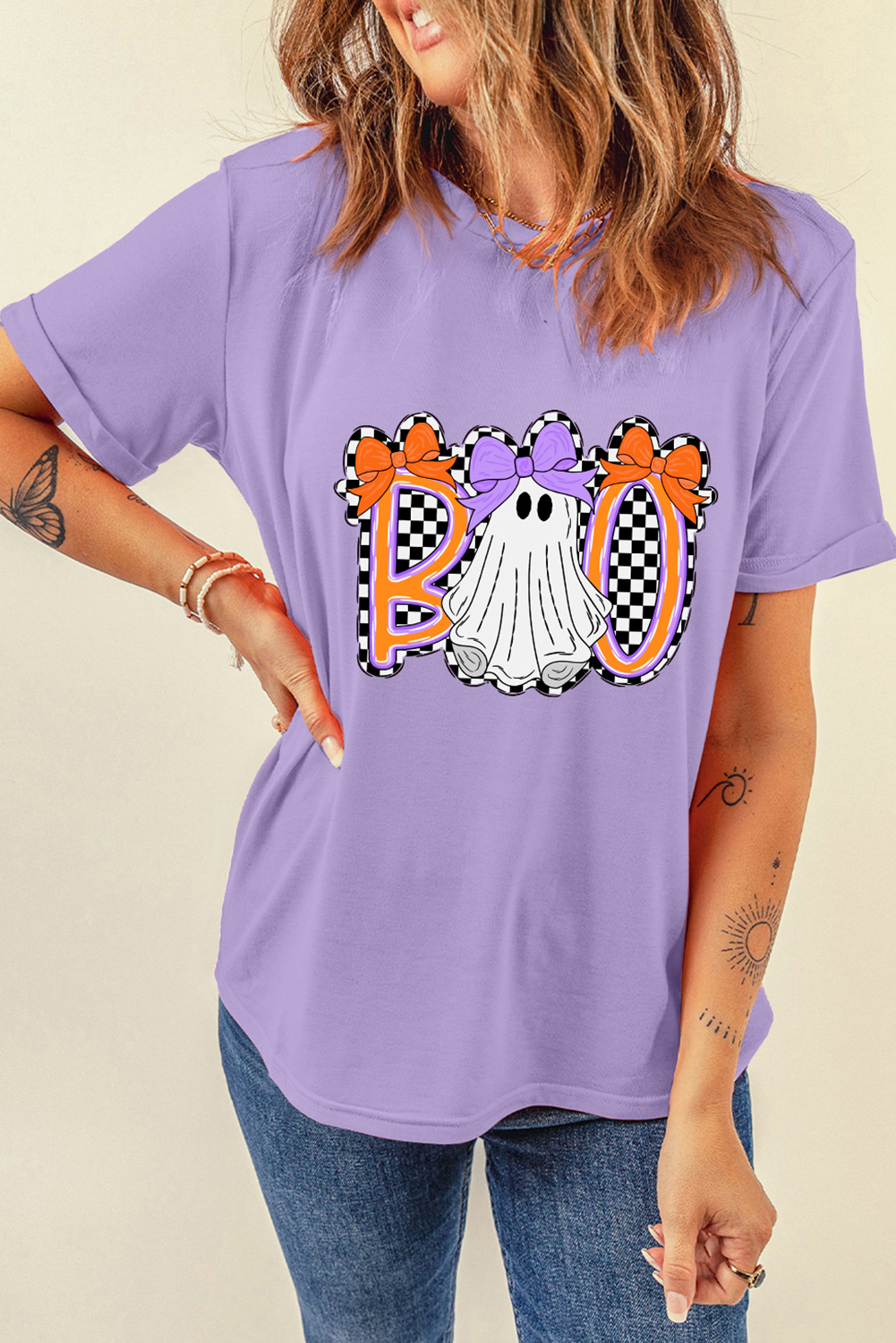 Wisteria Boo Checkered Bow Ghost Halloween Graphic Tee - loveforevers
