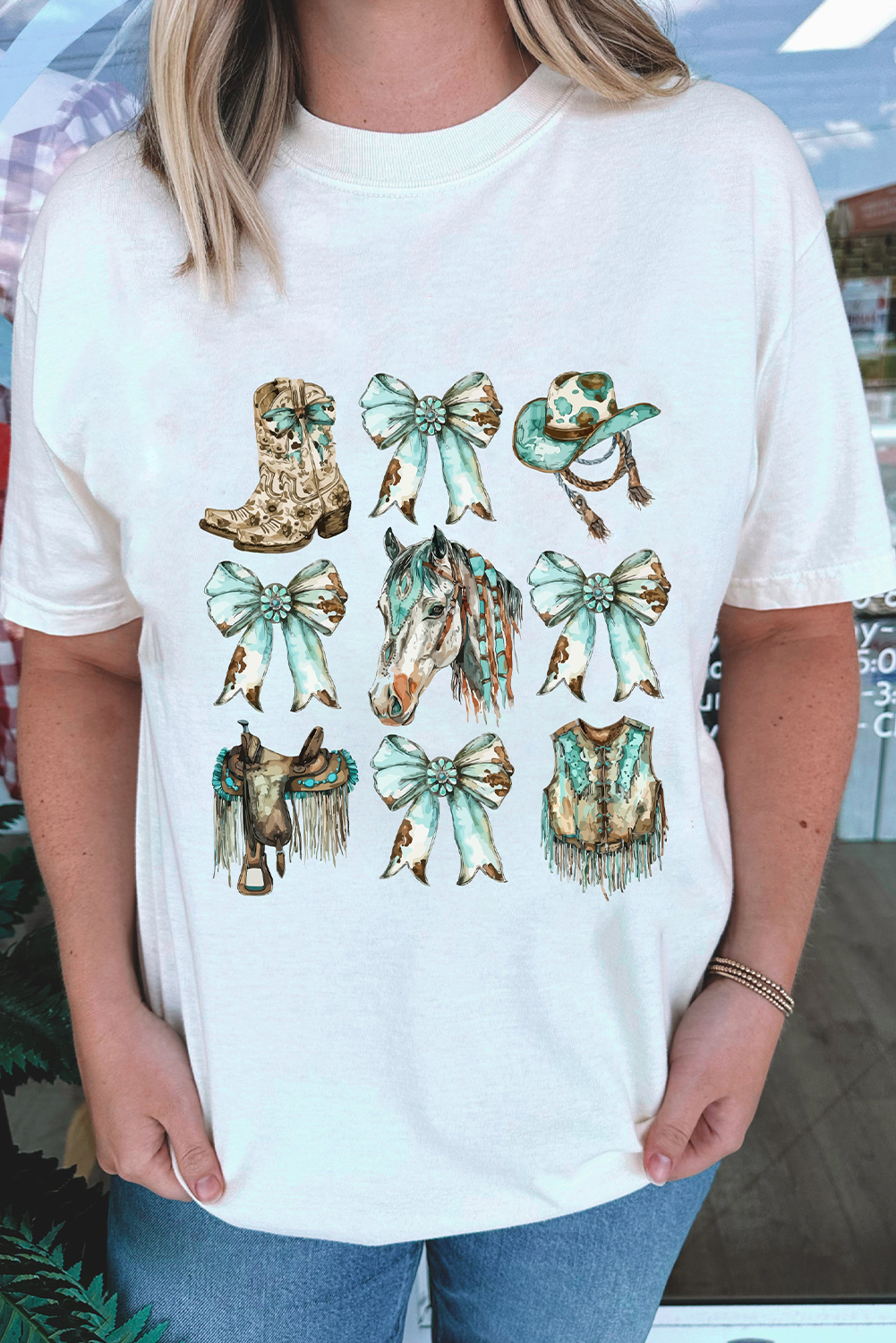 White Horse Bowknot Cowgirl Fashion Print Crewneck Tee - loveforevers