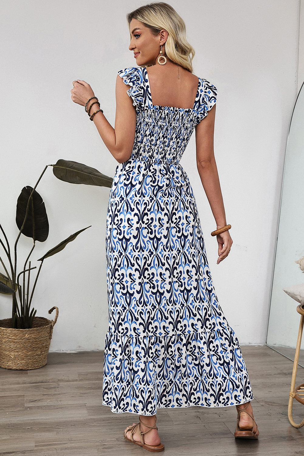 Sky Blue Boho Print Smocked High Waist Maxi Dress - loveforevers