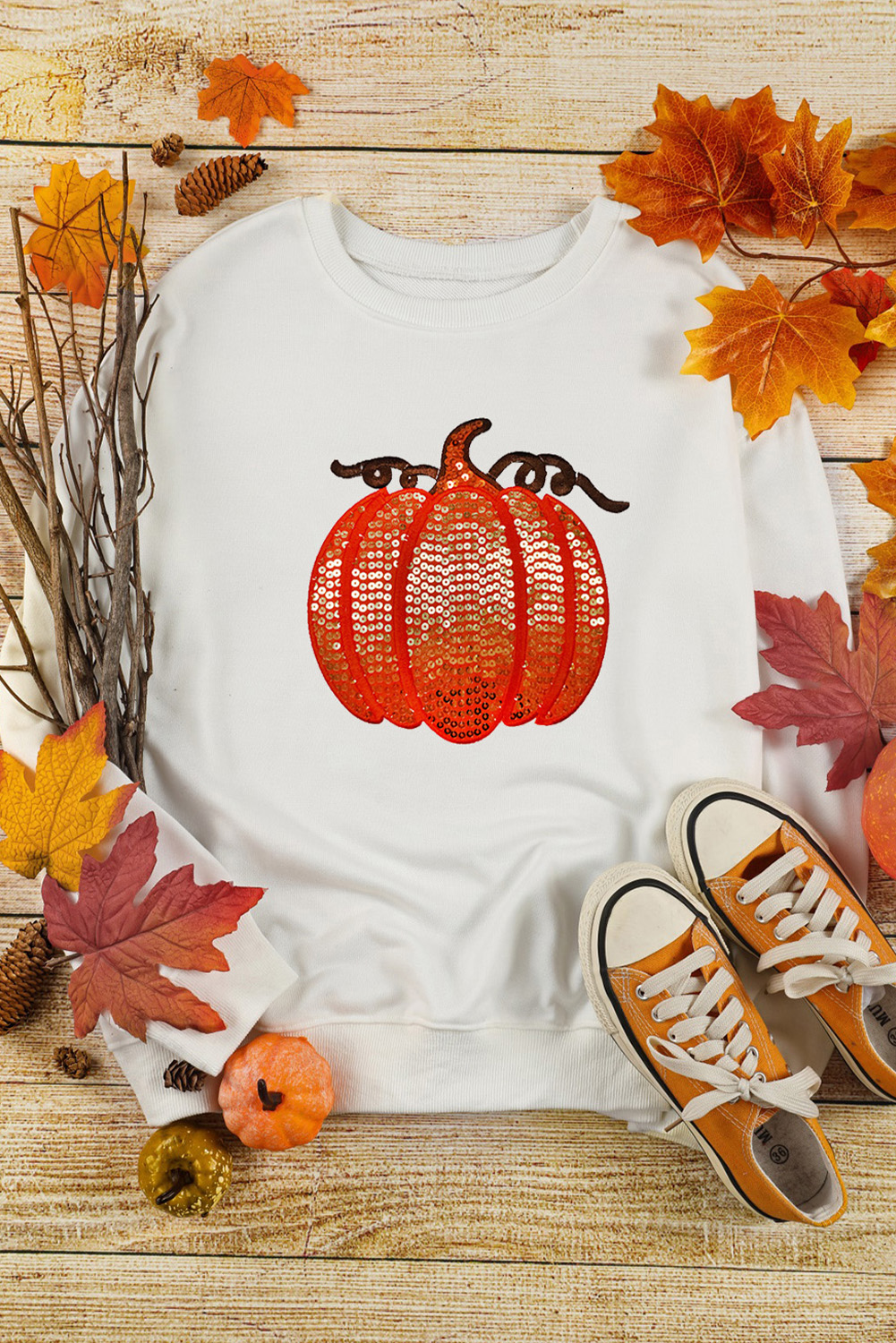 White Sequin Pumpkin Patched Casual Pullover Graphic Sweatshirt - loveforevers