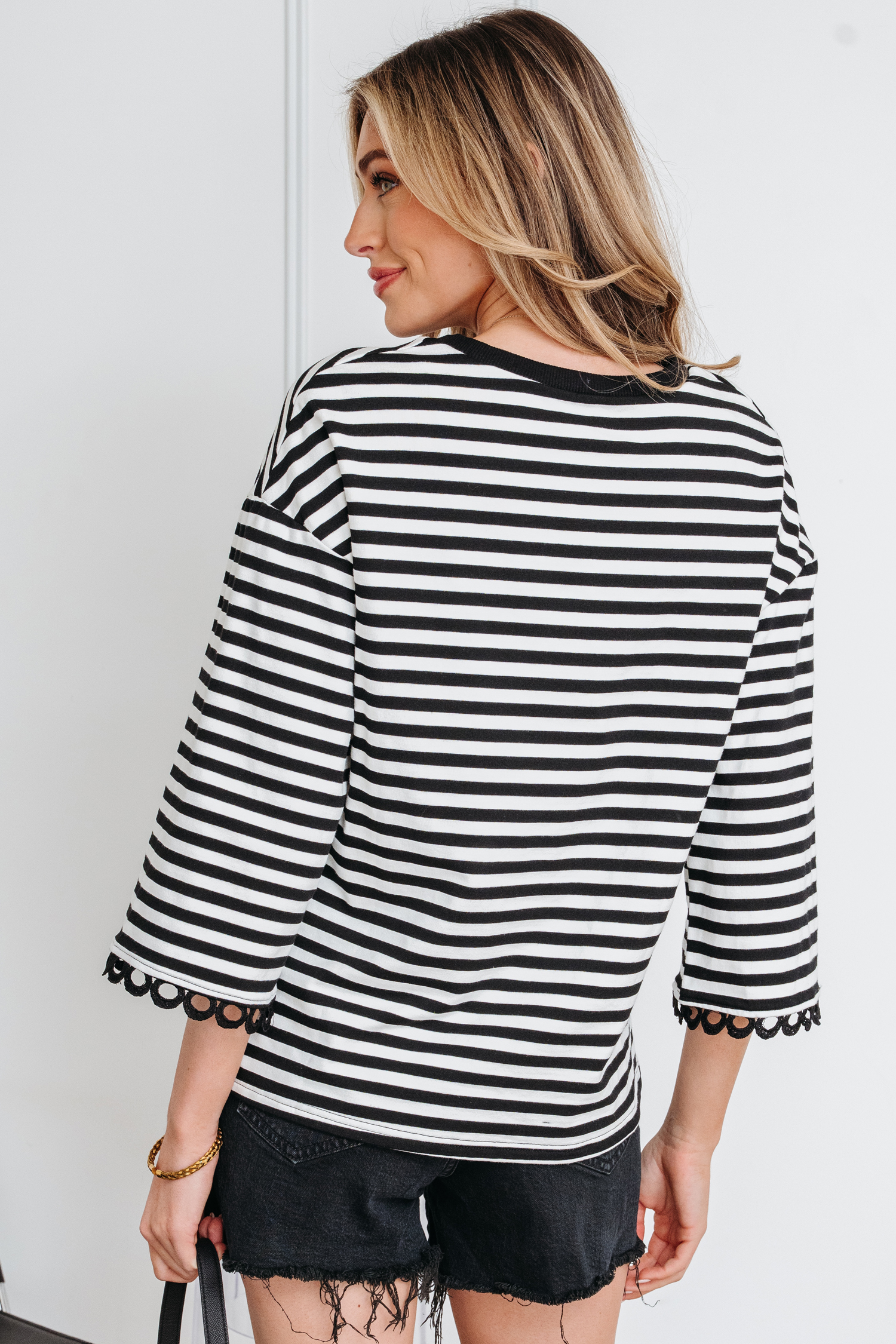 Racing Red Striped Print Drop Shoulder Lace Trim Bracelet Sleeve Loose Top - loveforevers