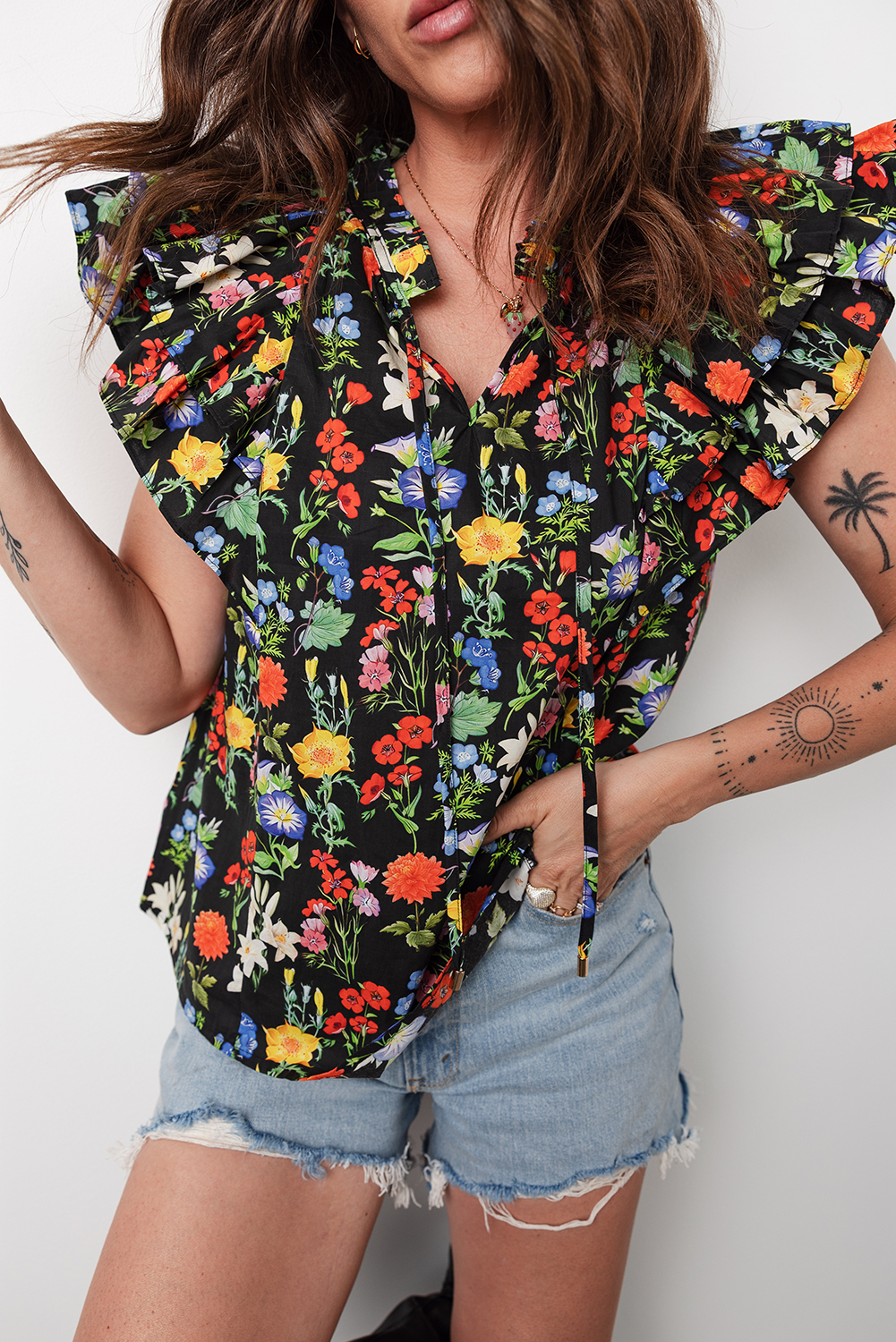 Black Tiered Flutter Sleeve V Neck Flower Blouse - loveforevers