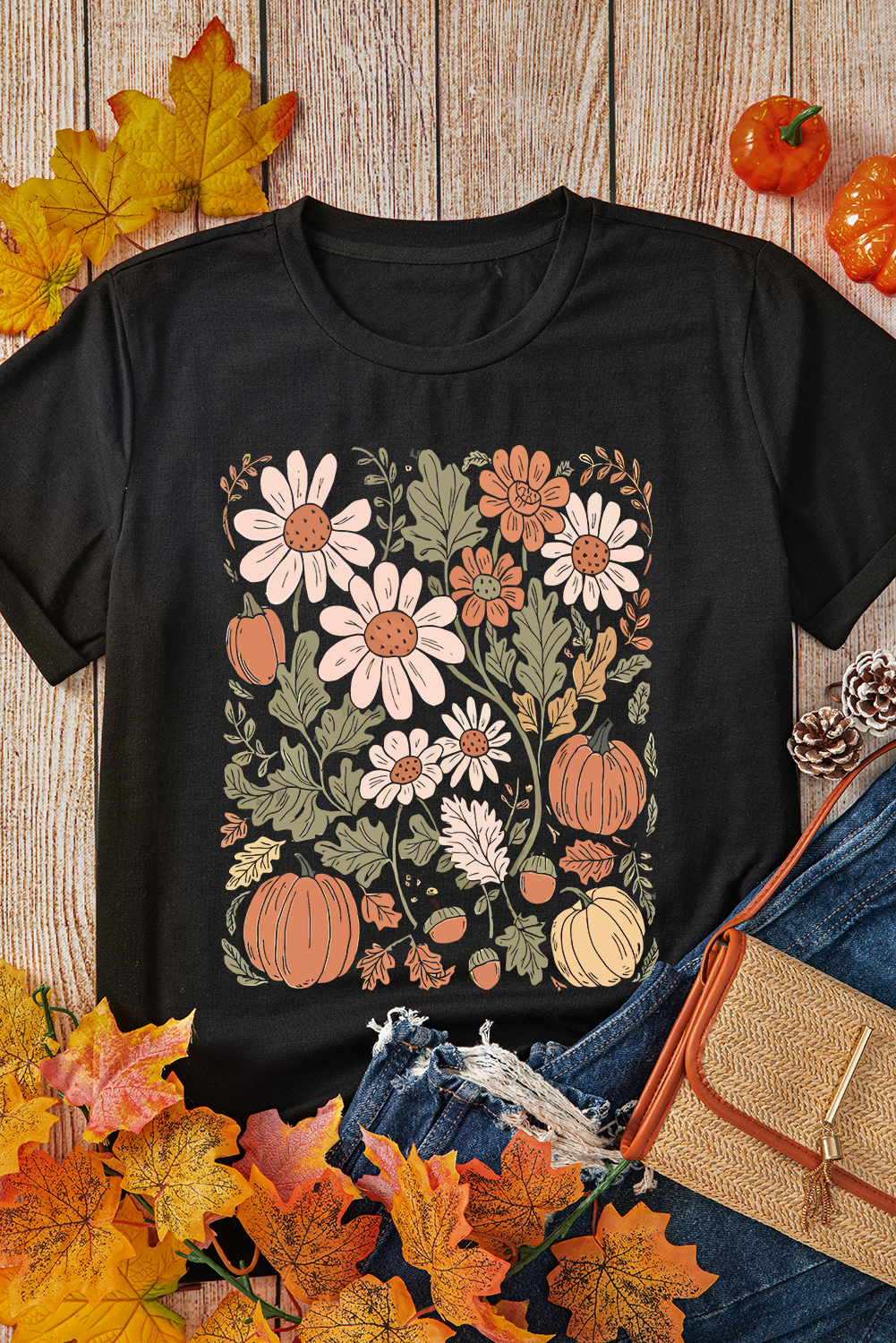 Black Wild Flower Pumpkin Print T Shirt - loveforevers