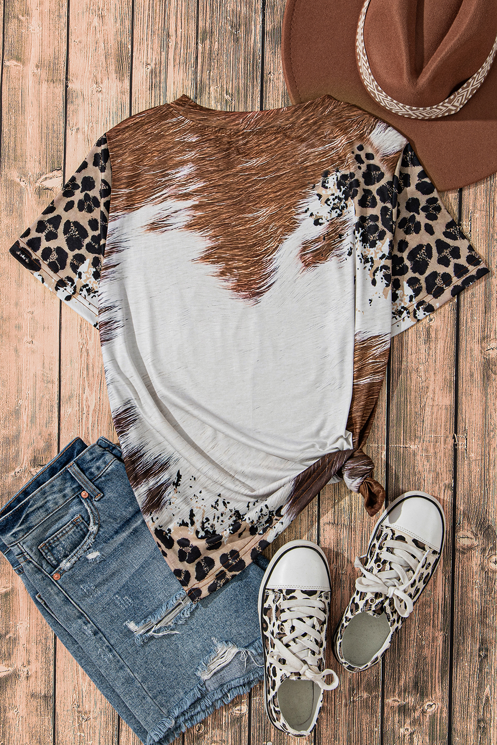 Chestnut Western Leopard Bleached Print Crew Neck T Shirt - loveforevers