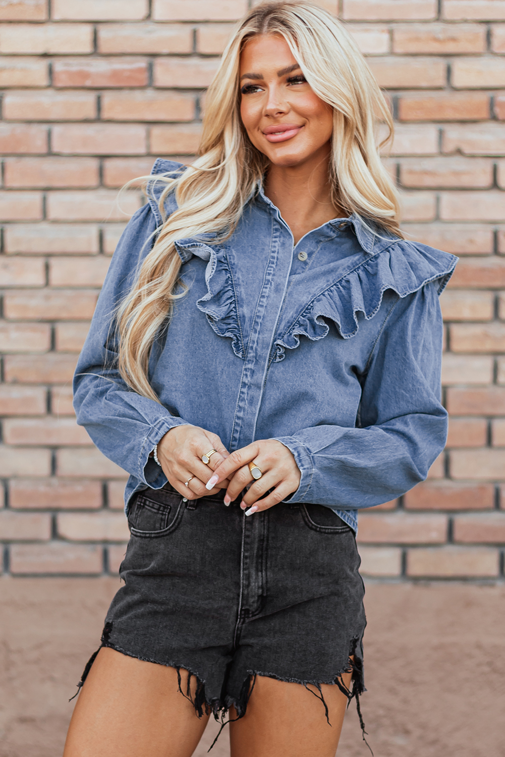 Dusk Blue Denim Ruffled Casual Top - loveforevers