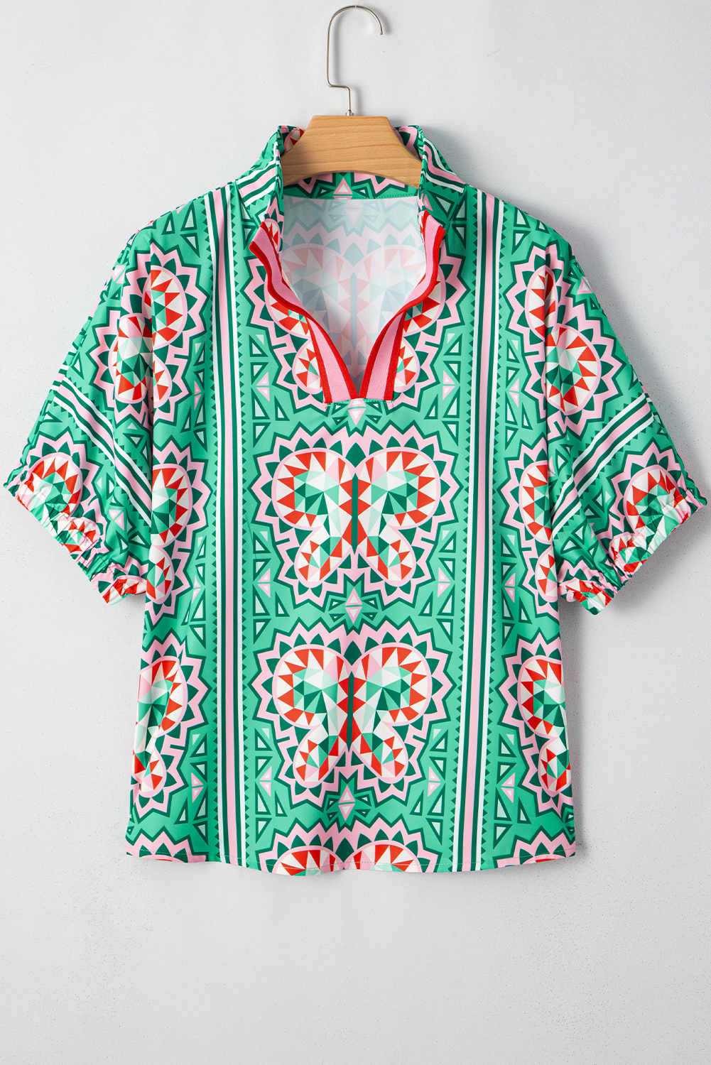 Sea Green Boho Abstract Print Contrast Striped Collared V Neck Blouse - loveforevers