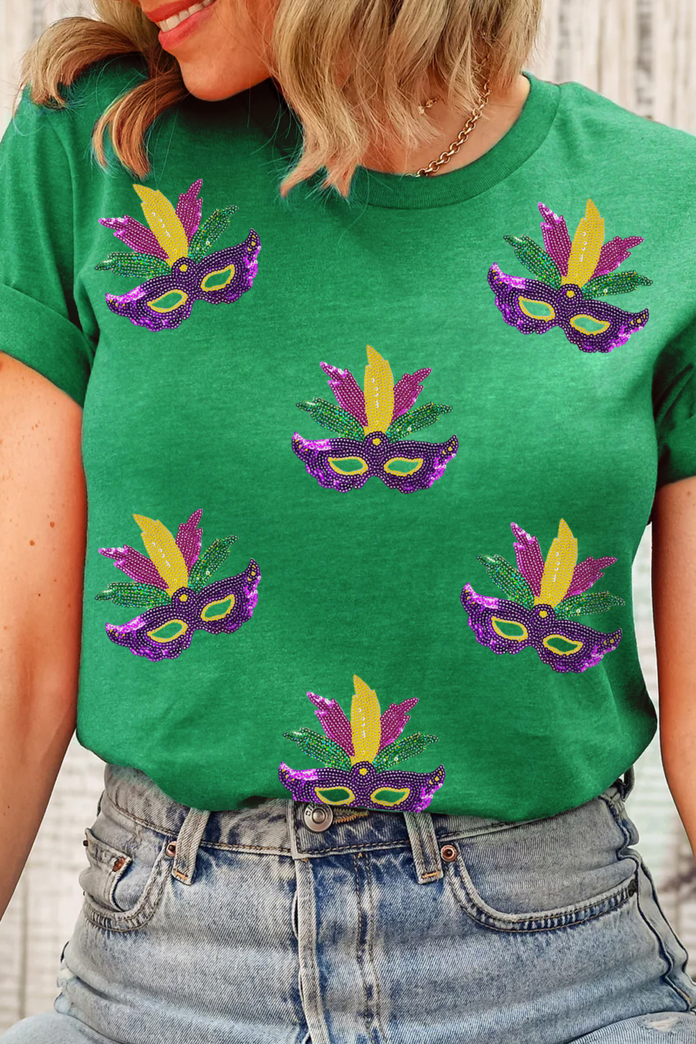 Bright Green Glitter Mardi Gras Mask Graphic T Shirt - loveforevers