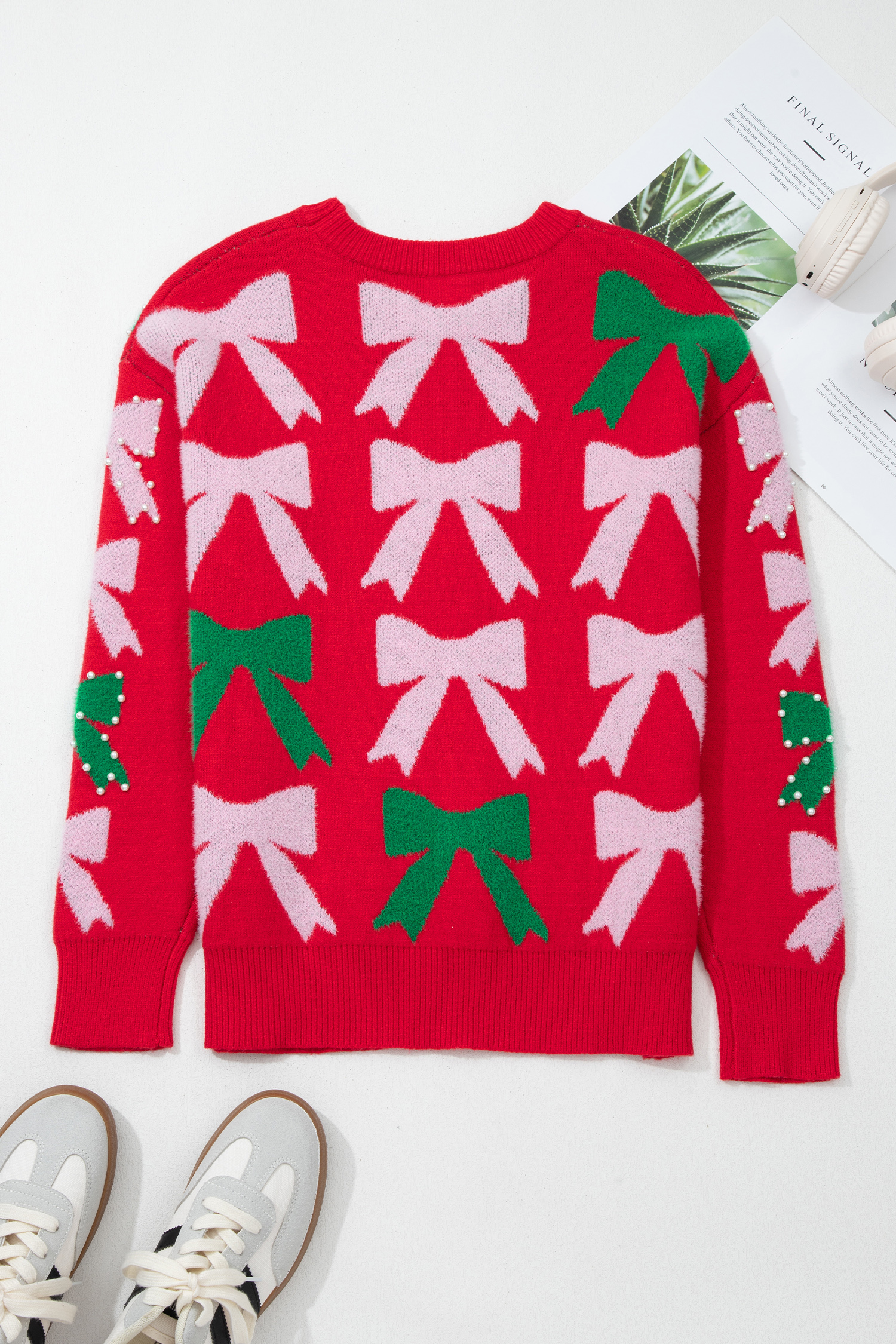 Fiery Red Bow Pearl Embellished Christmas Holiday Sweater - loveforevers