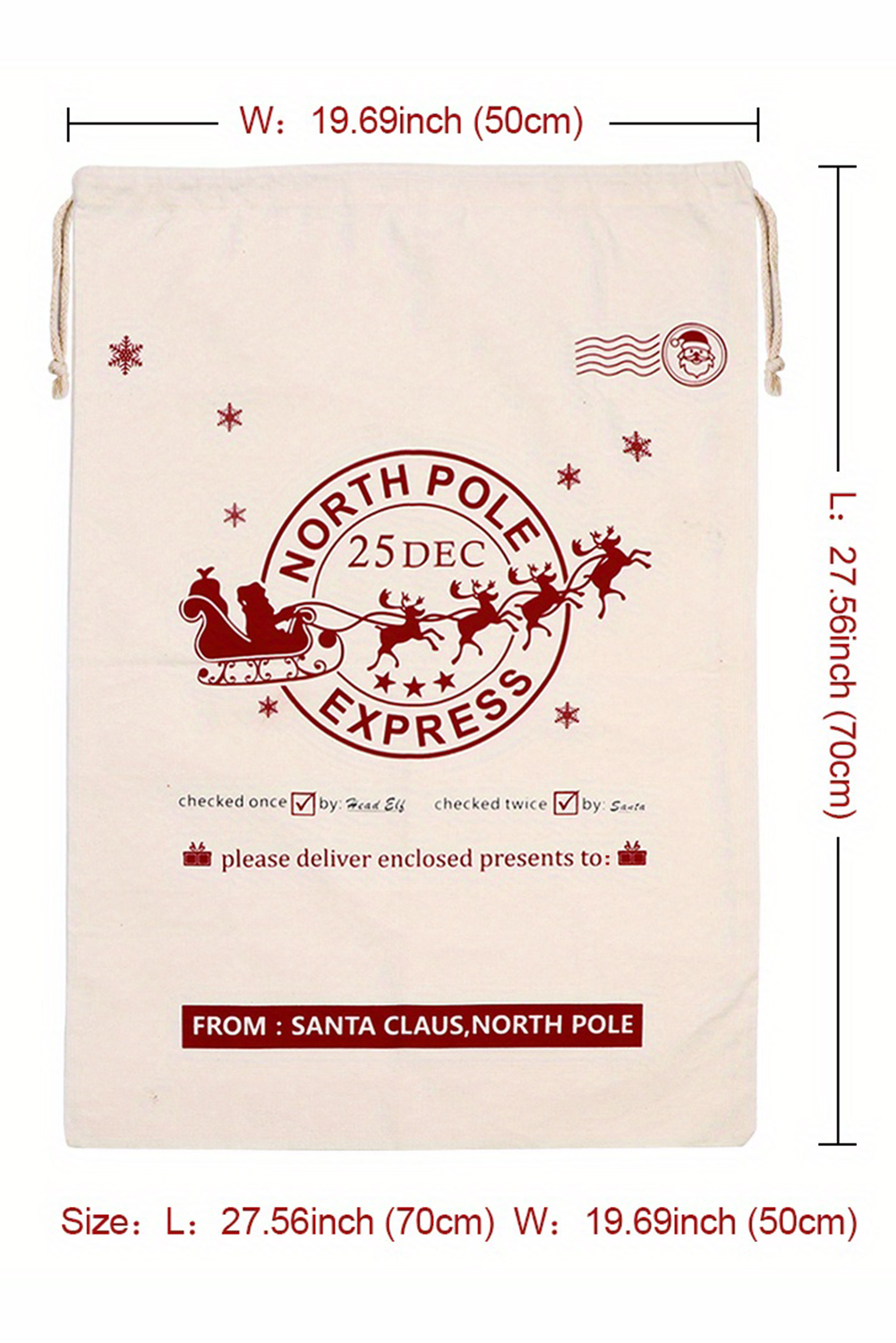 White Christmas Santa Claus Elk Letter Print Drawstring Gift Sack Bag - loveforevers
