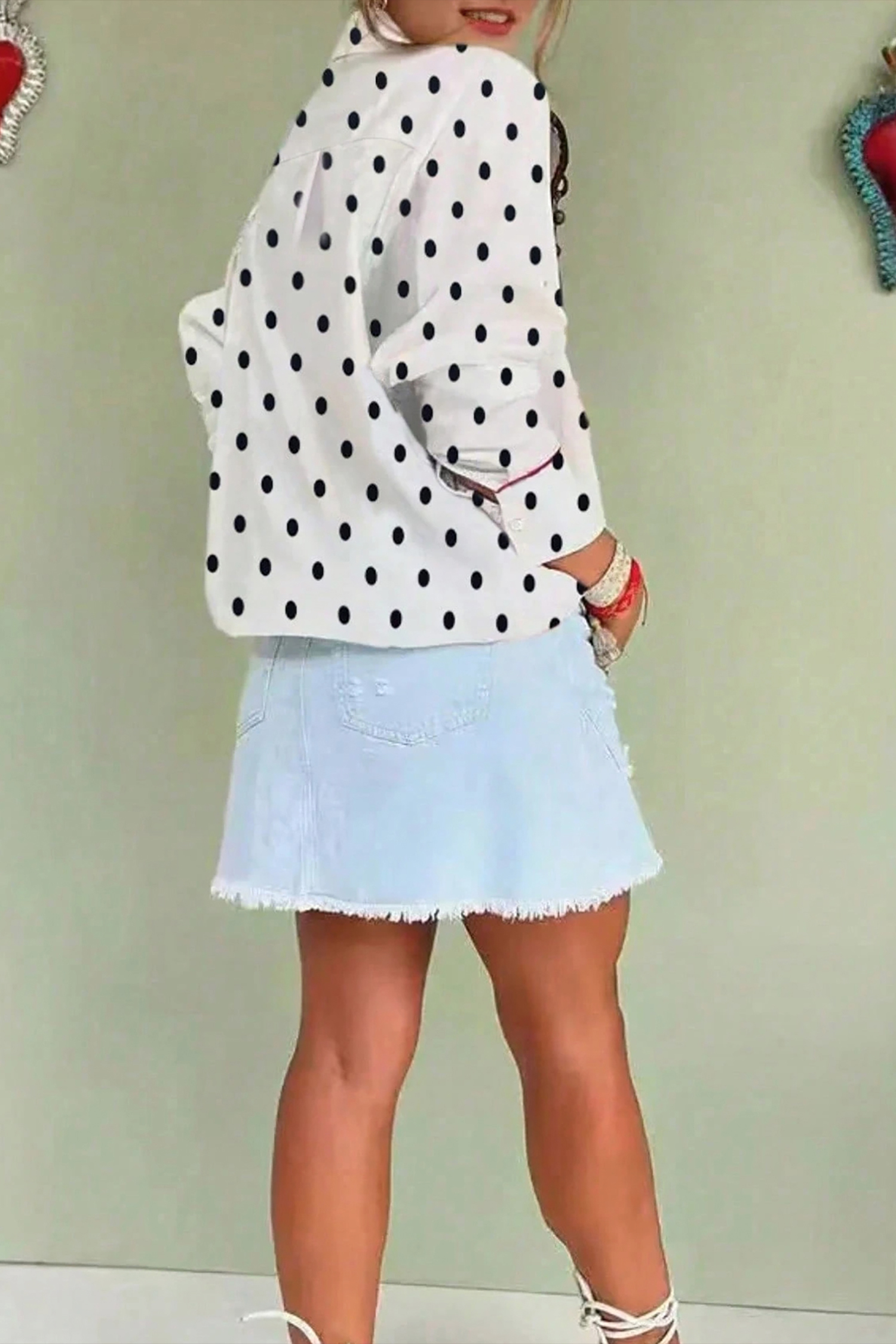 White Polka Dot Print Contrast Piping Elegant Shirt - loveforevers