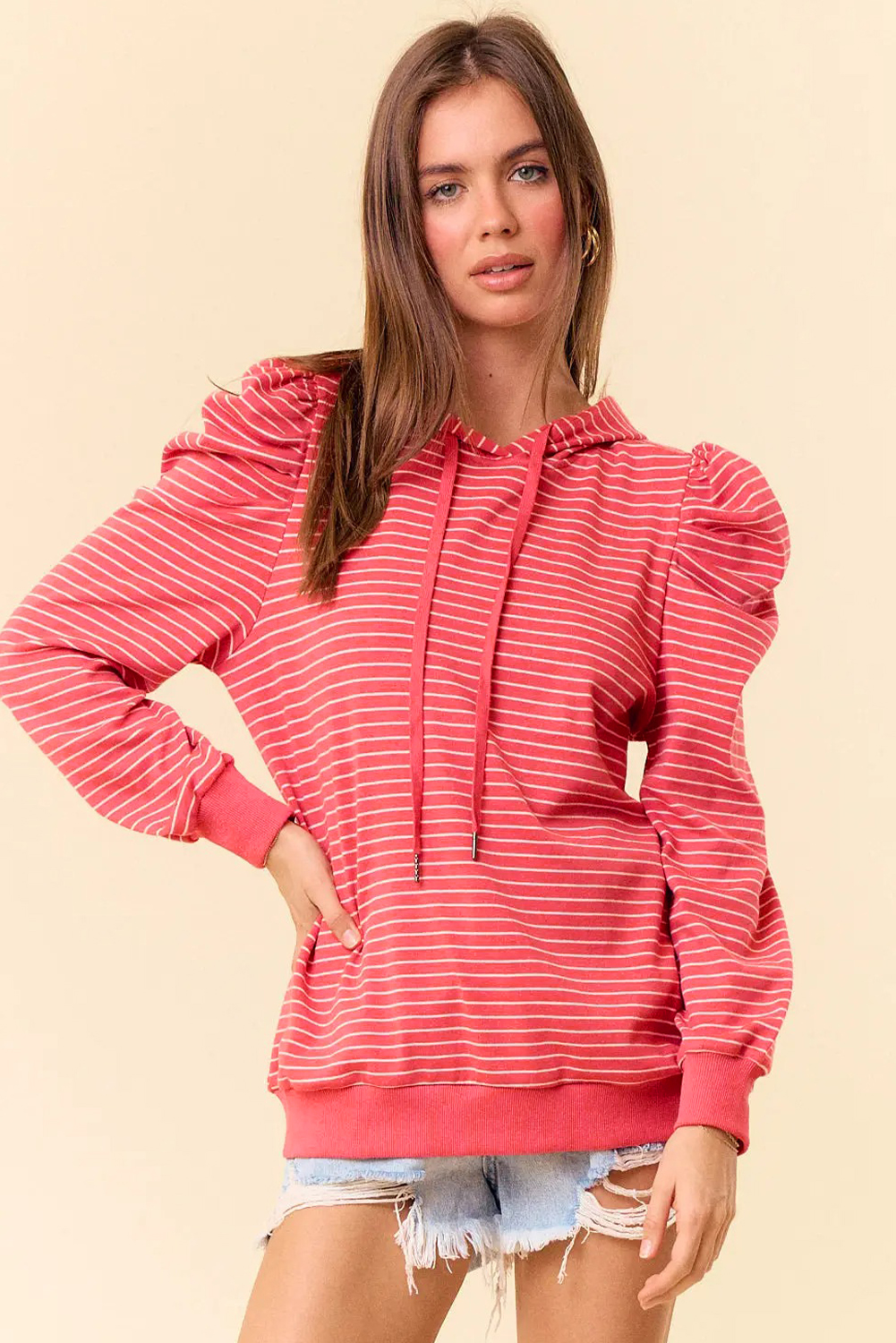 Red Stripe Puff Sleeve Stripe Hoodie - loveforevers