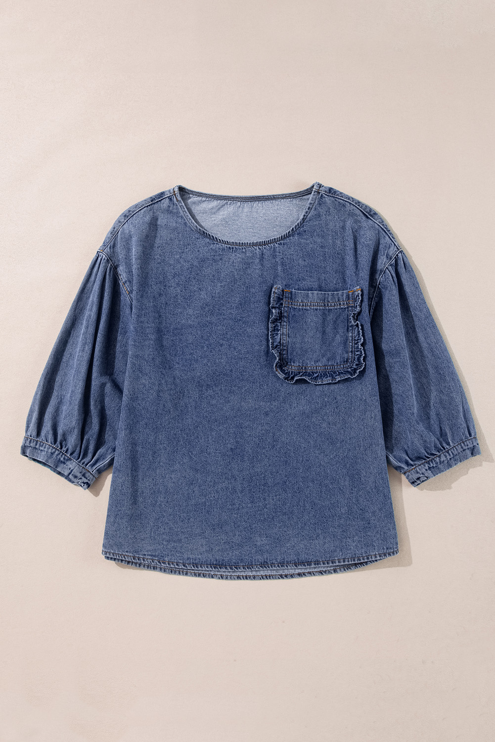 Sky Blue 3/4 Sleeve Ruffled Patched Pocket Denim Blouse - loveforevers