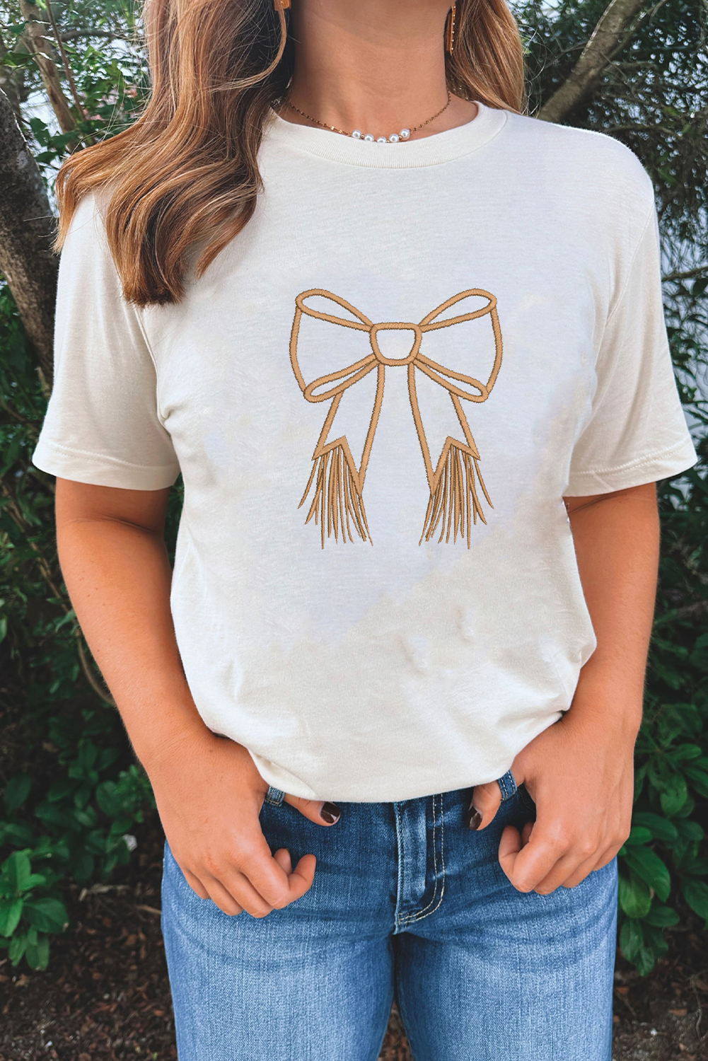 White Tassel Bowknot Embroidered Graphic Print Western Round Neck T Shirt - loveforevers