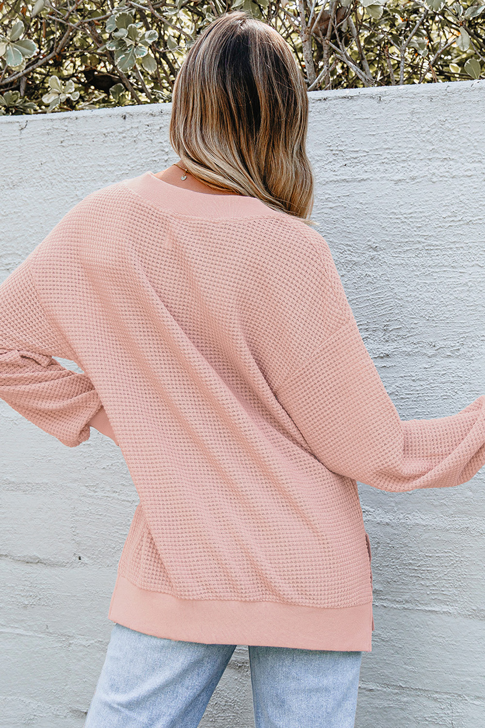 Fushia Thermal V Neck Relaxed Long Sleeve Knit Top - loveforevers