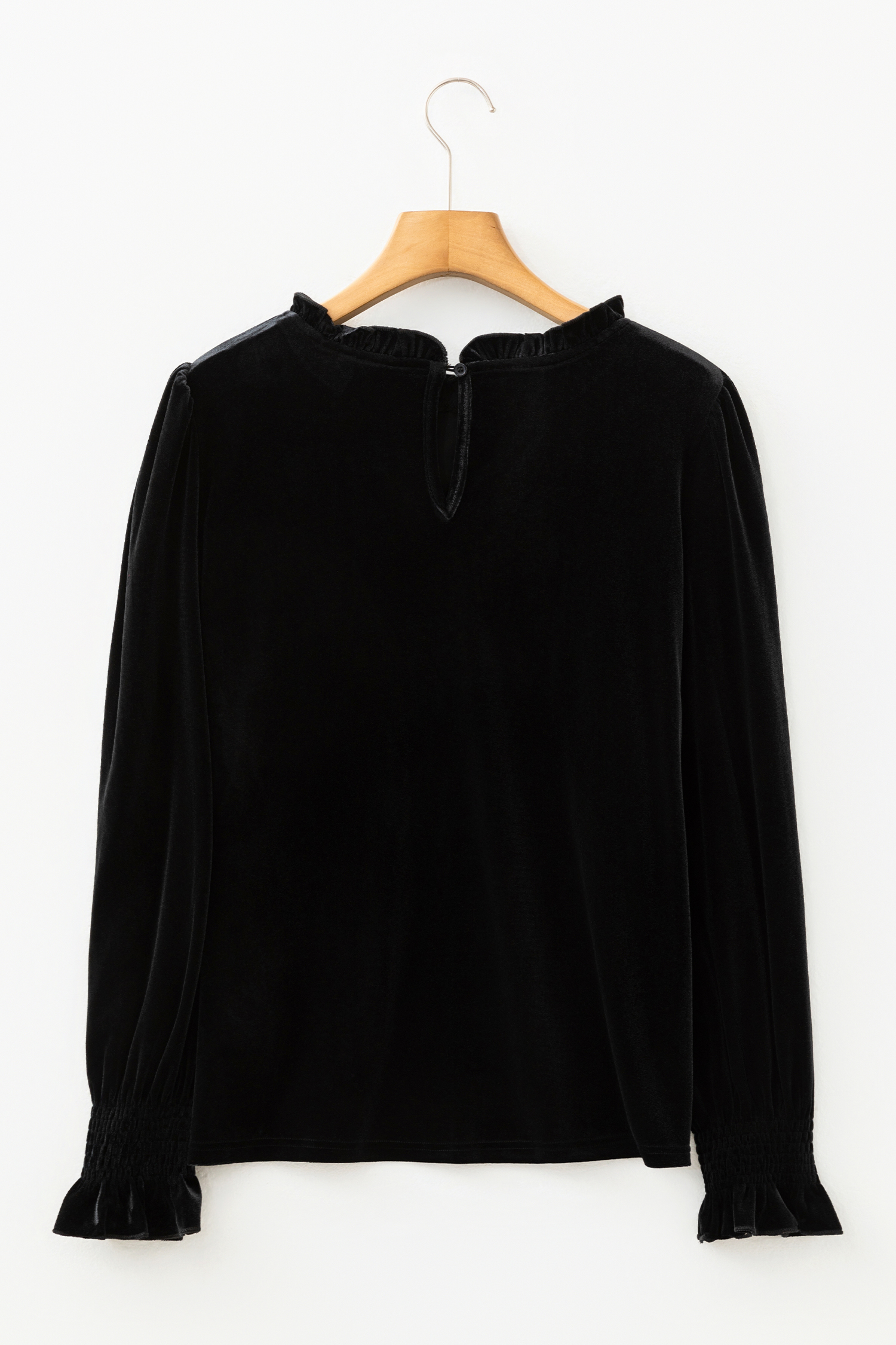 Black Frilled Collared Smocked Cuffs Puff Sleeve Velvet Blouse - loveforevers