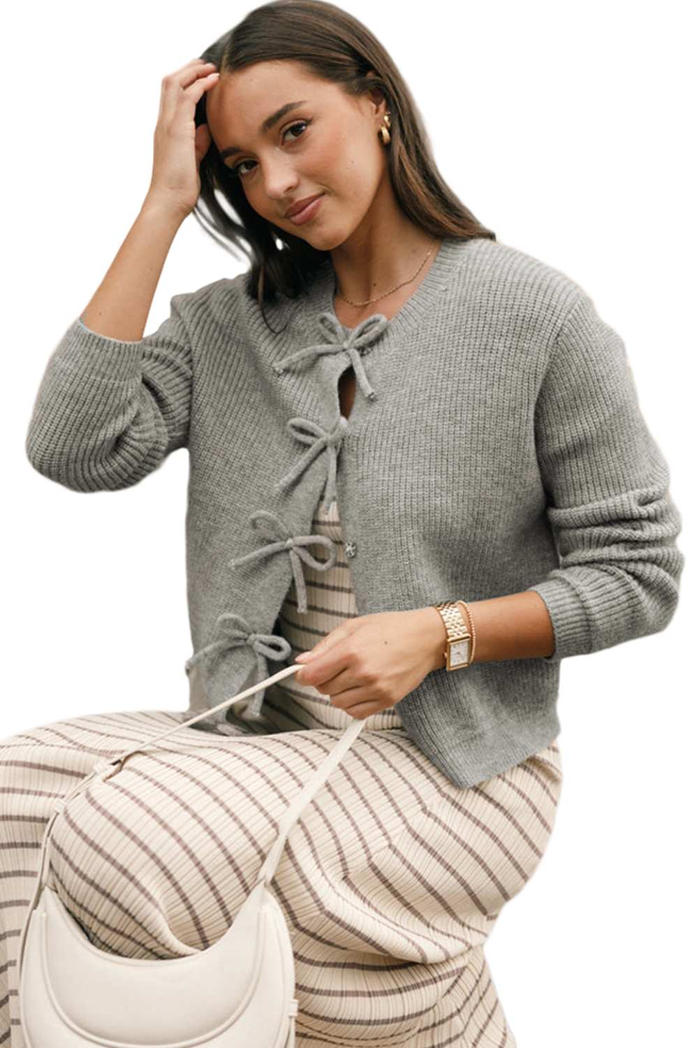 Philippine Gray Ribbed Knit Bow Front Buttoned Cardigan - loveforevers