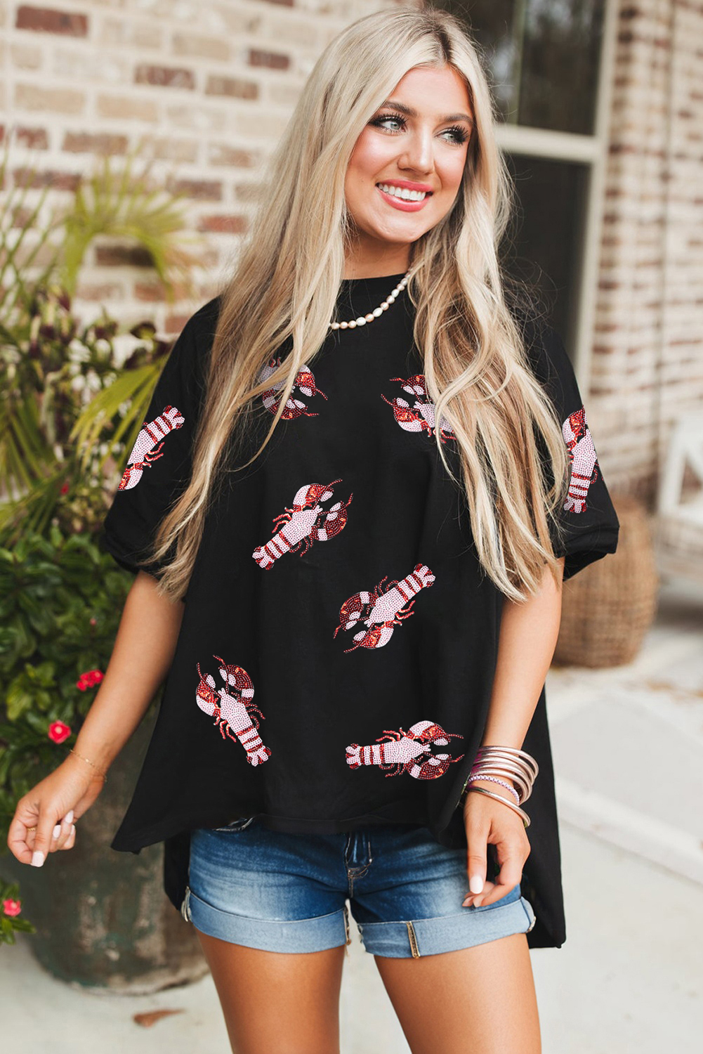 Black Sequin Crayfish Graphic Drop Sleeve High Low Tee - loveforevers