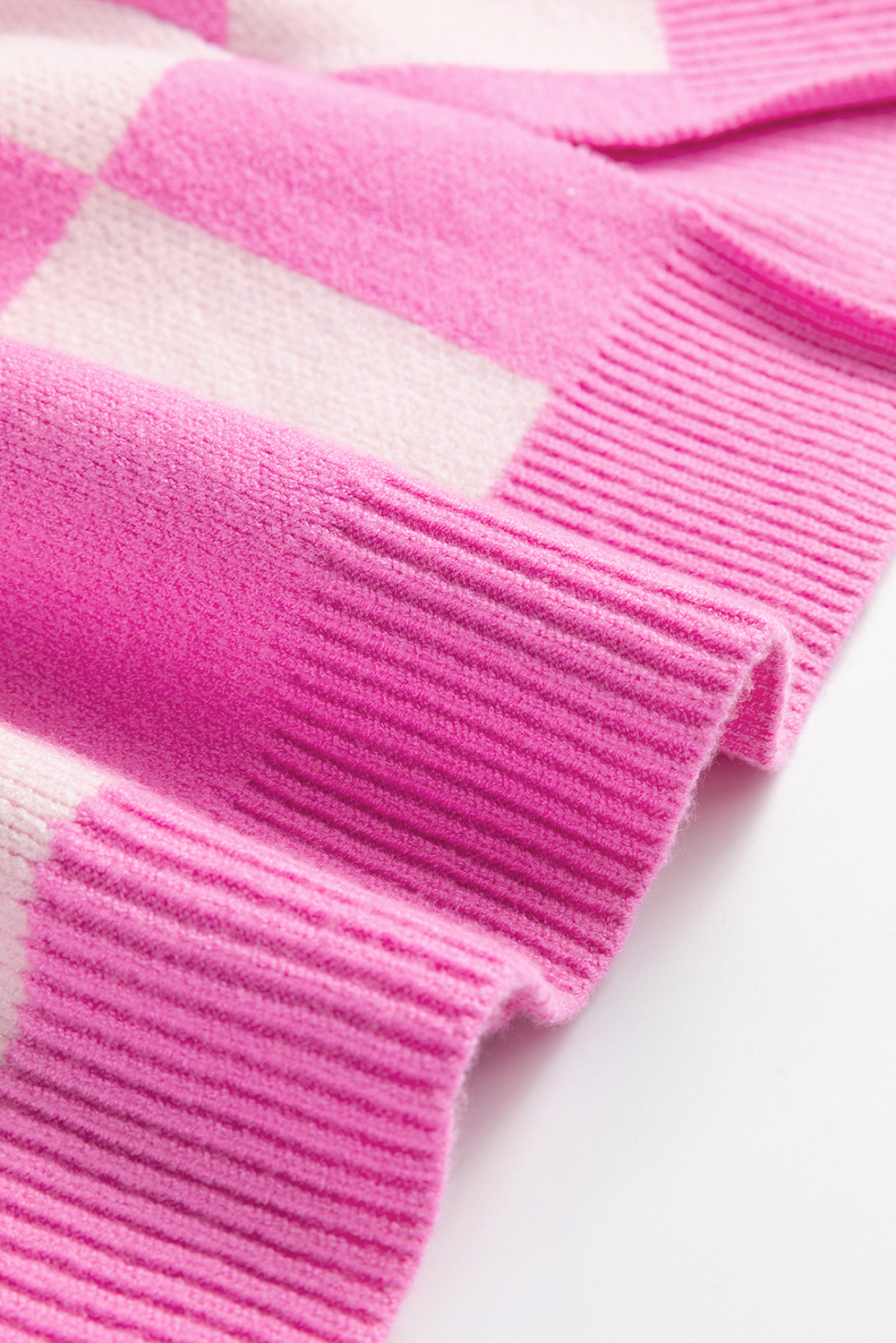 Pink Checkerboard Half Button Collared Drop Shoulder Sweater - loveforevers