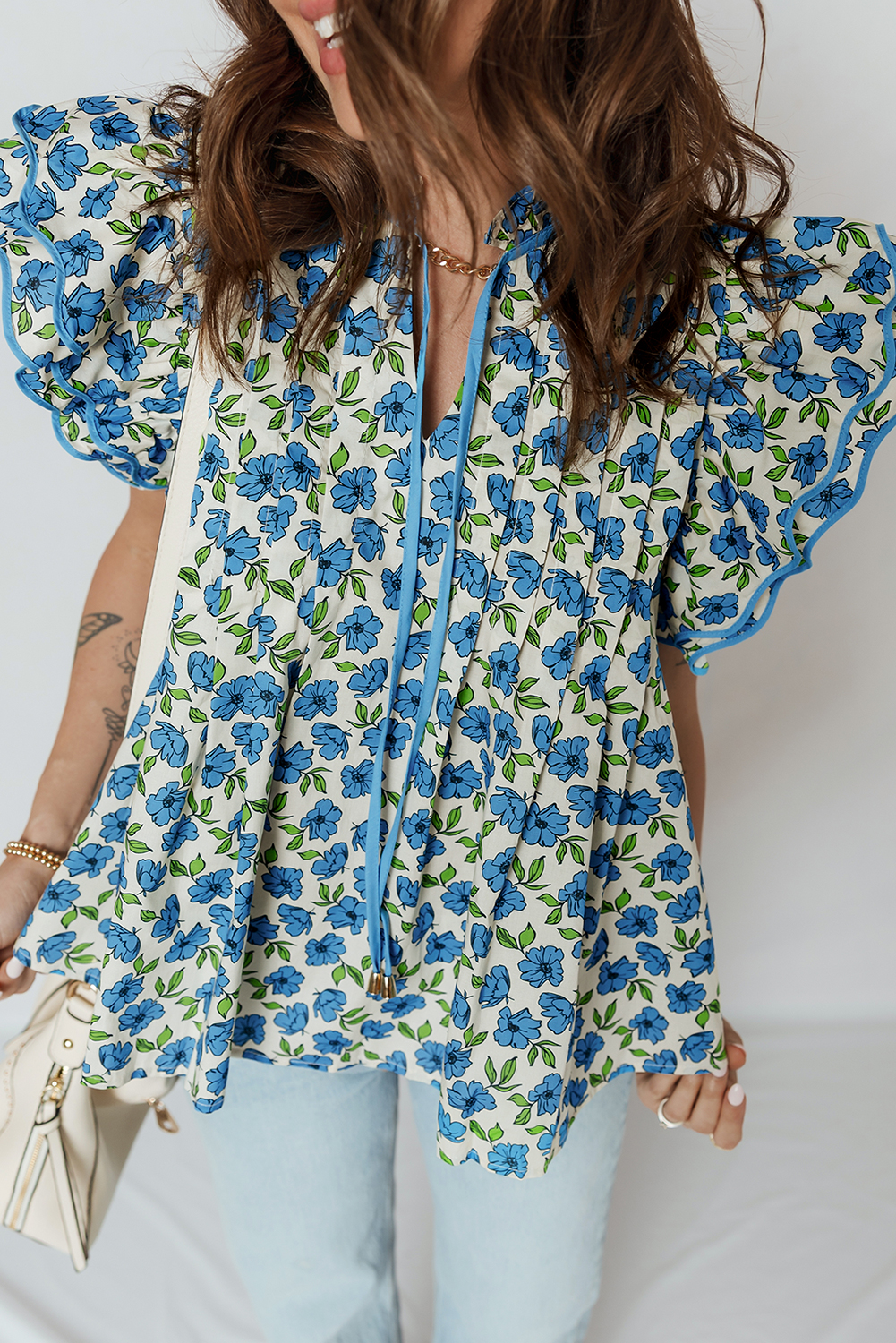Sky Blue Tiered Flutter Sleeve Pleated Flower Blouse - loveforevers