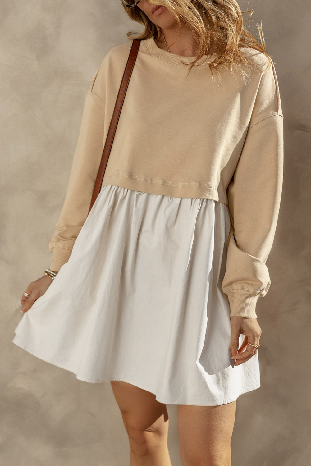 Pale Khaki Sweatshirt Poplin Mini Dress - loveforevers