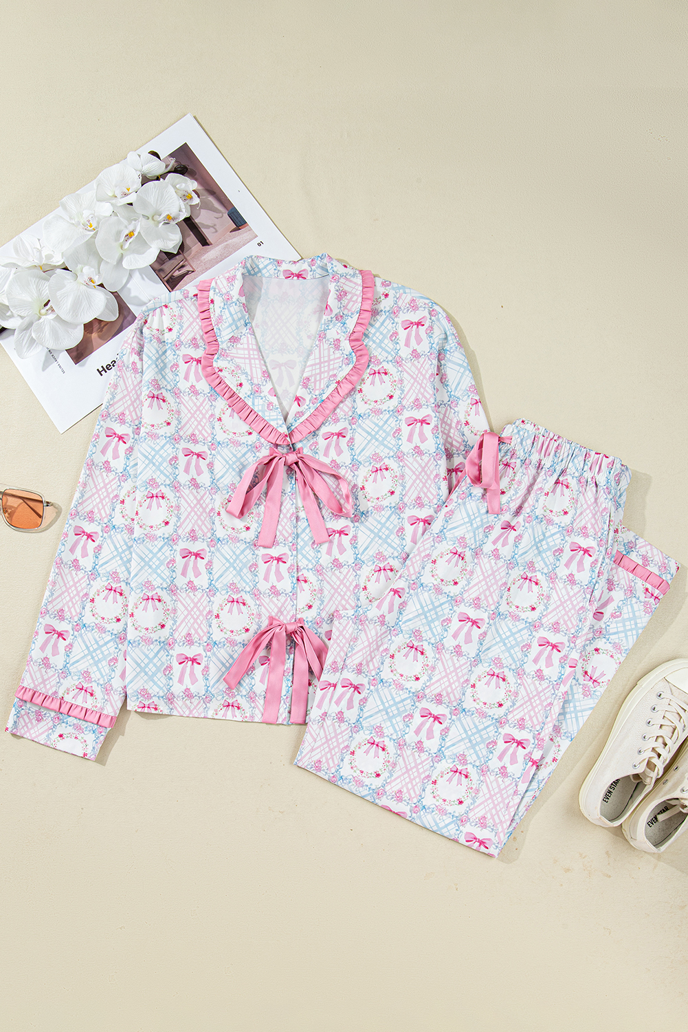 Pink Bow Wreath Pattern Christmas Holiday Tied Front Long Sleeve 2pcs Pajama Set - loveforevers